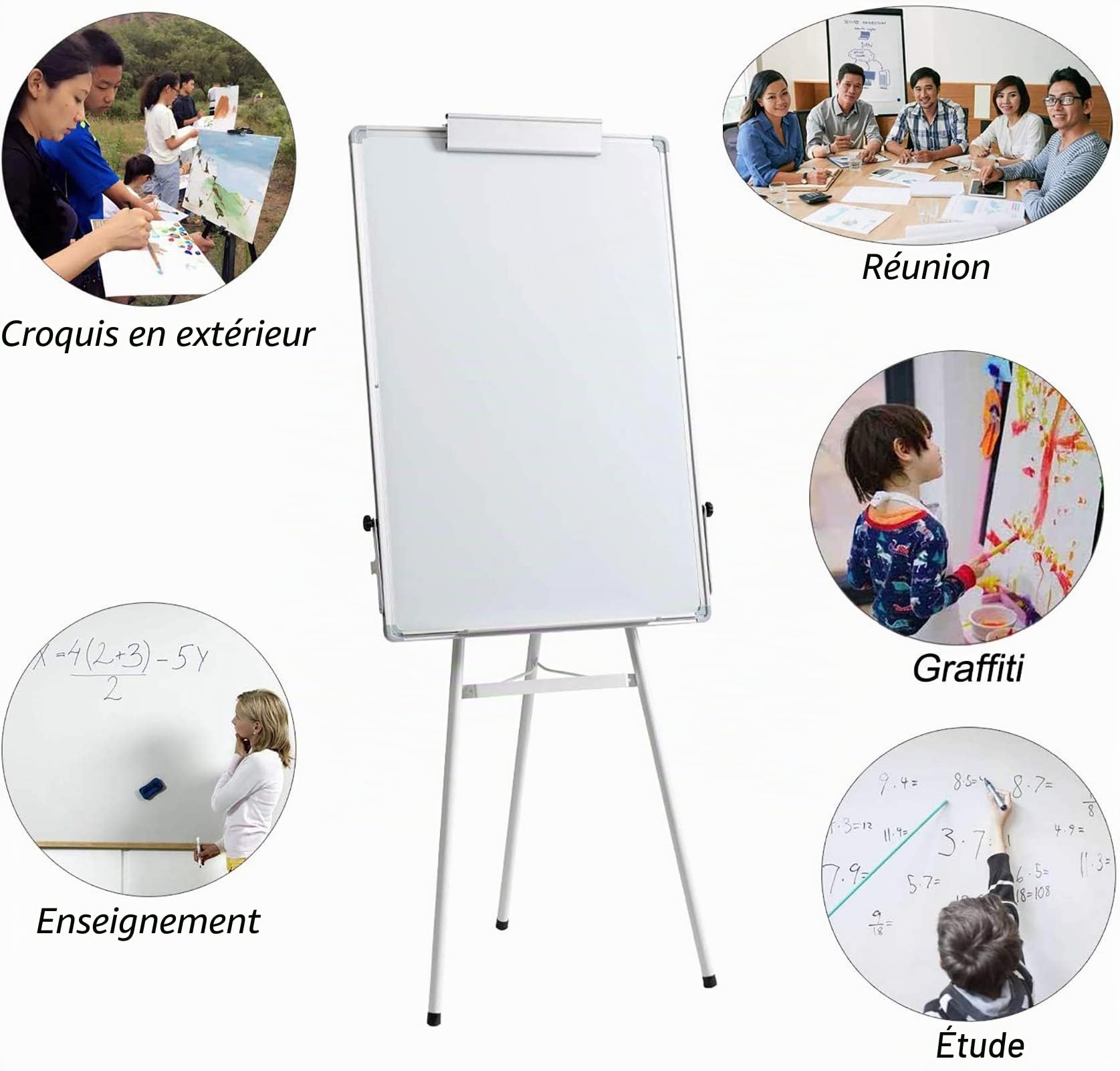 DOEWORKS Tableau Blanc Chevalet 90 x 60cm avec Trépied Support, Tableau Magnétique Effaçable à Sec, Hauteur Réglable & Pliable pour Maison École Bureau, Blanc