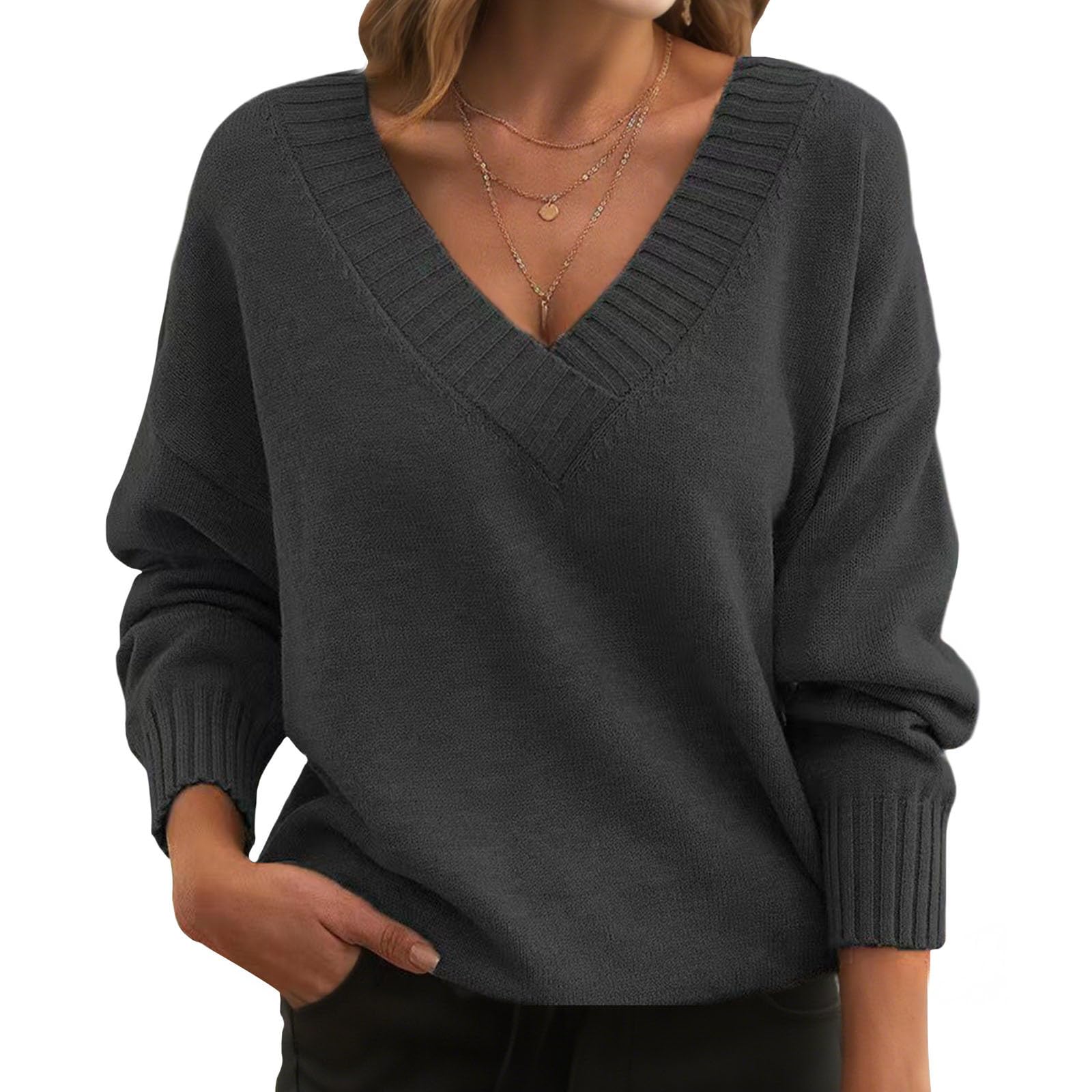 Womens Chunky Sweater V Neck Loose Long Sleeve Top Casual Oversized Pullover Ribbed Knit Sweater Early Fall Fashion