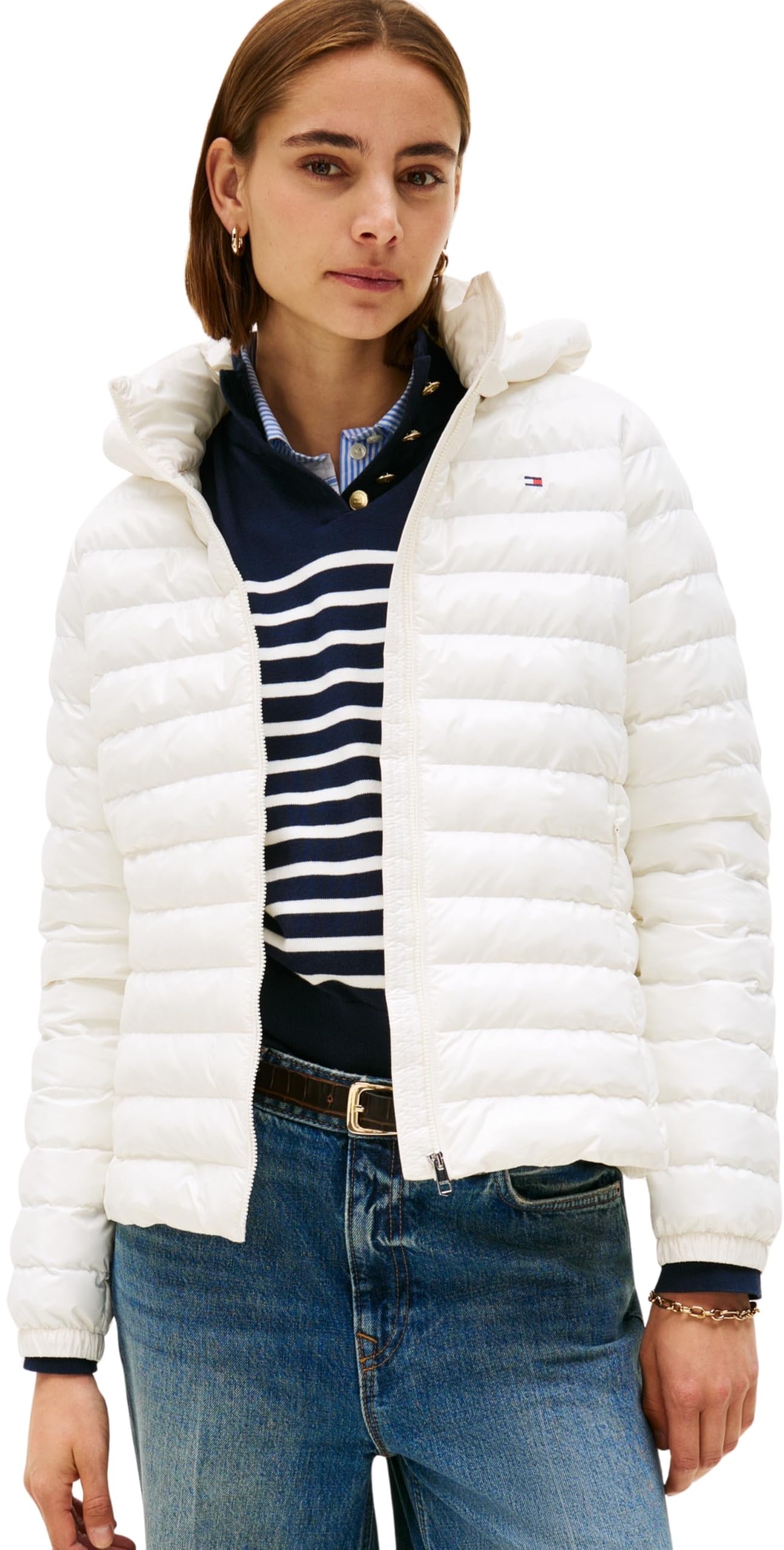Tommy Hilfiger Women’s Slim Quilted Jacket with Hood, White (Ivory Silk), XS