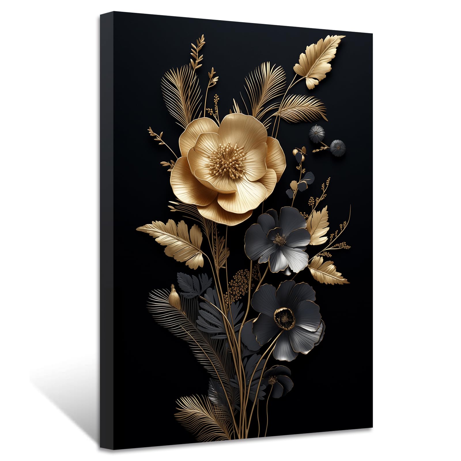 ZXHYWYM Golden Flowers Leave Wall Decor Abstract Black Gold Picture Painting Elegant Floral Canvas Prints Modern Artwork for Living Room Framed (Picture-3
