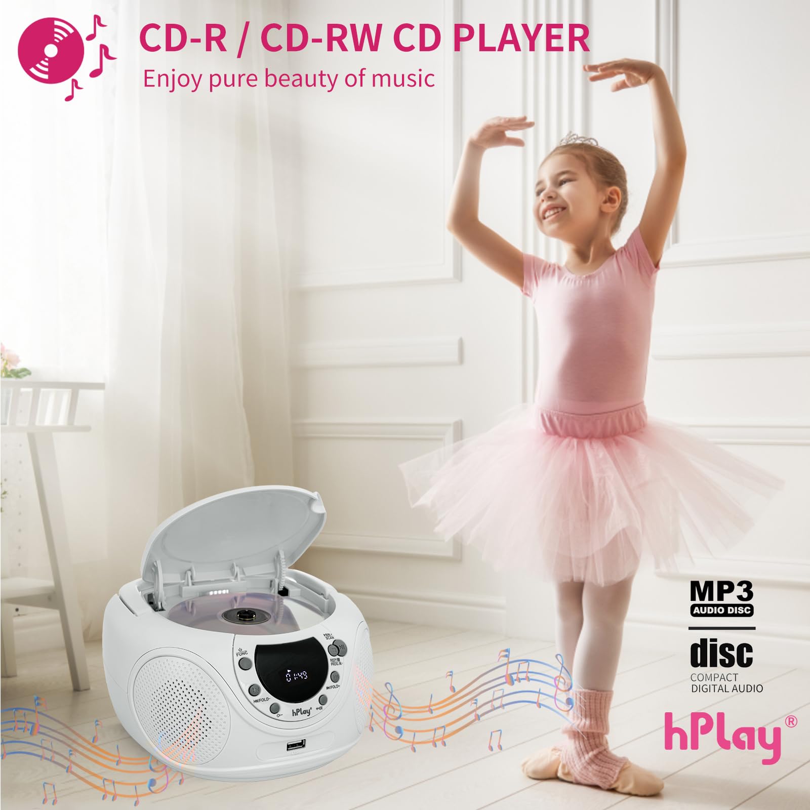 hPlay P16 przenośny odtwarzacz CD Boombox z Bluetooth, biały