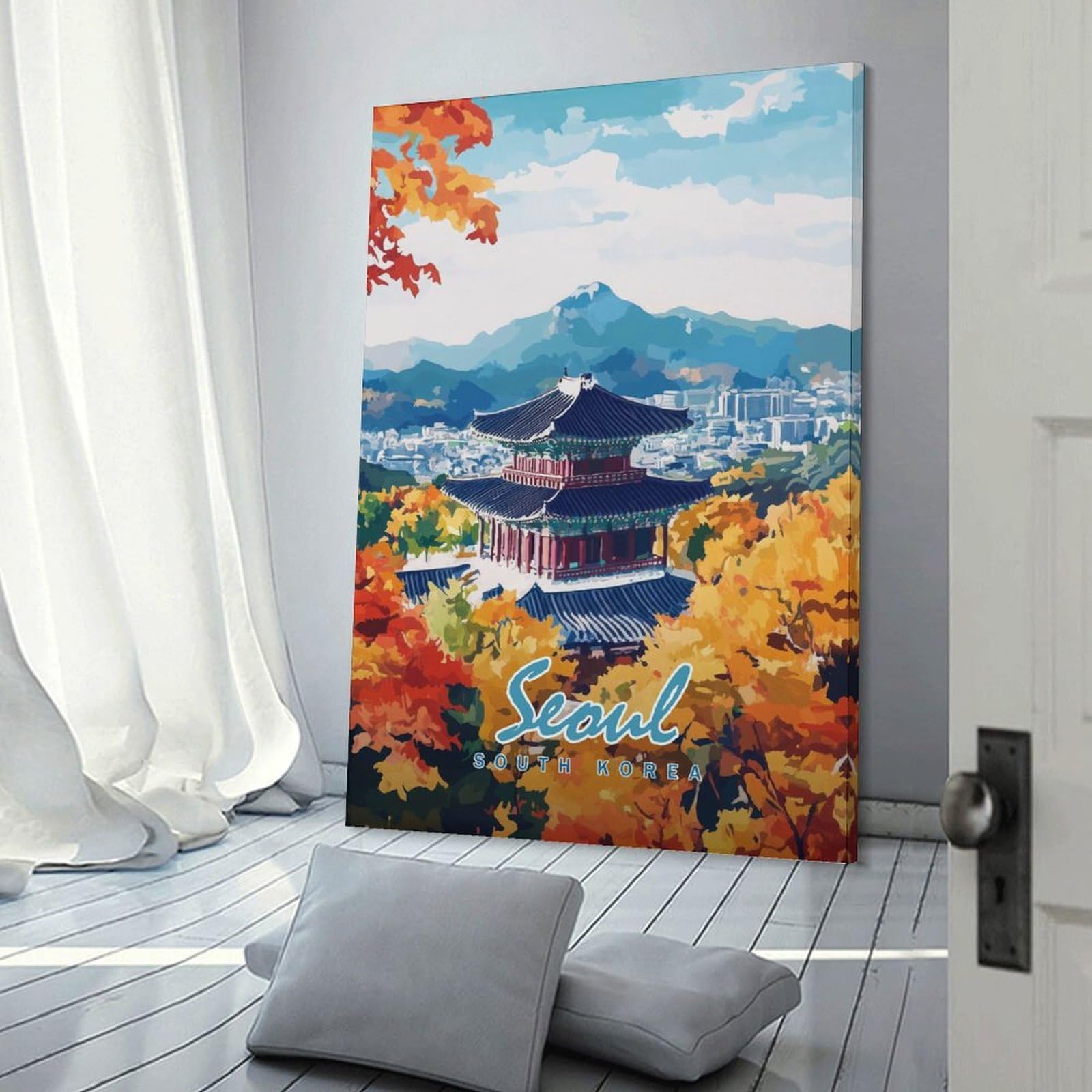 Junmoney Room Decor Wall Art Seoul Cityscape with Pagoda, 24x36inch(60x90cm), for Living Room, Lounge Or Sitting Room, Canvas Styling for A Polished Room Look