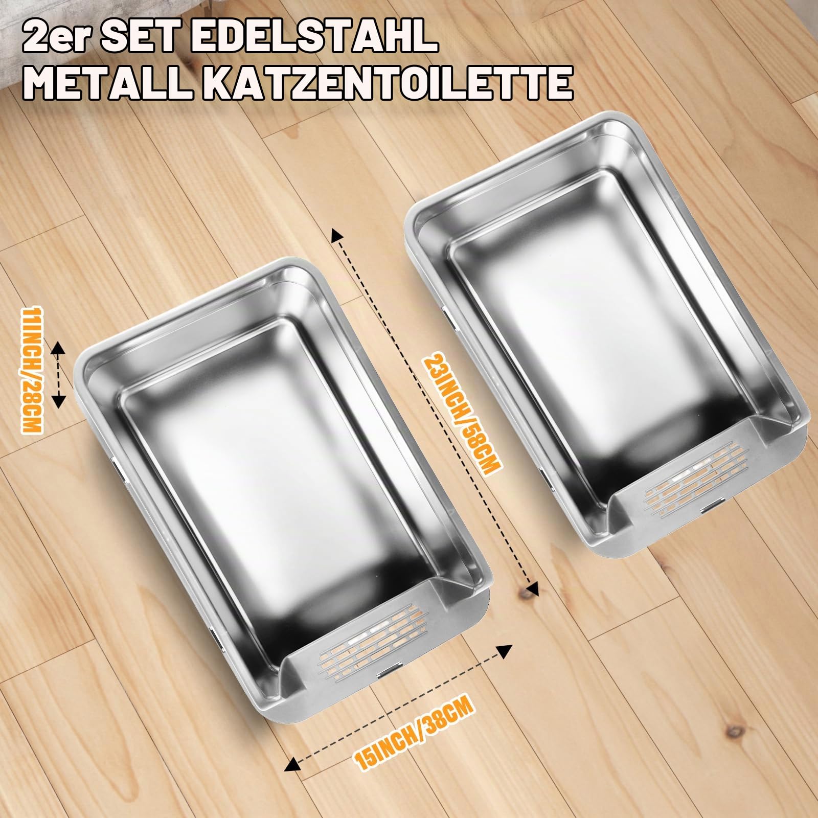 Homegroove 2er Set Edelstahl Katzenklo, 58 x 38 x 28 cm XL Metall Toilette für große Katzen mit Deckel & hohem Rand, inkl. Schaufel, leicht zu reinigen (Hellgrau)