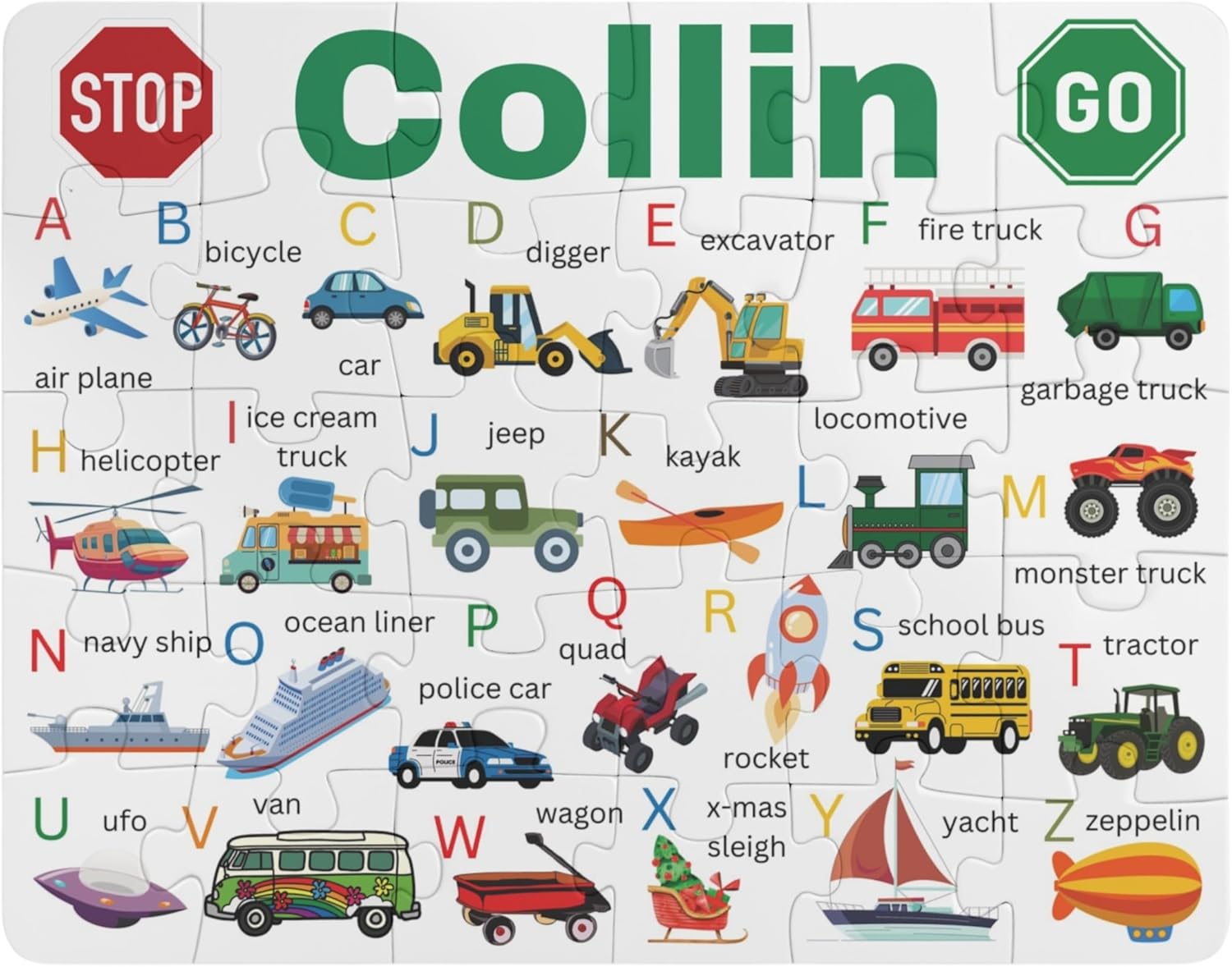 Artvibe Personalized with Your Child's Name Jigsaw Puzzle for Kids, Boys, Customized Puzzles: Construction Site, Train, Garbage Truck, Scholl Bus Cars Theme, Vehicles Large Size 11 x 14 (Alphabet)