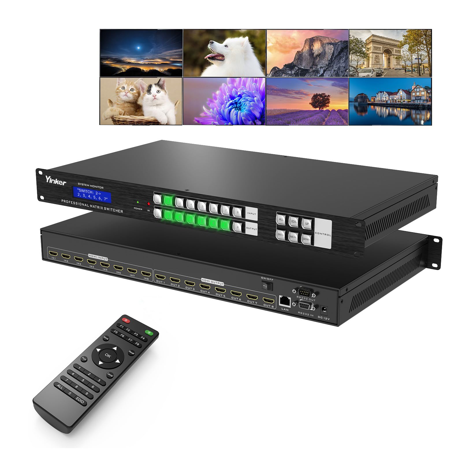 8 Ports HDMI Matrix 4K, 8 In, 8 Output HDMI Matrix Switcher & Splitter Rack Mountable, Supports 4K@30Hz EDID HDCP, Backlit SILIC Button/IR/RS232/LAN