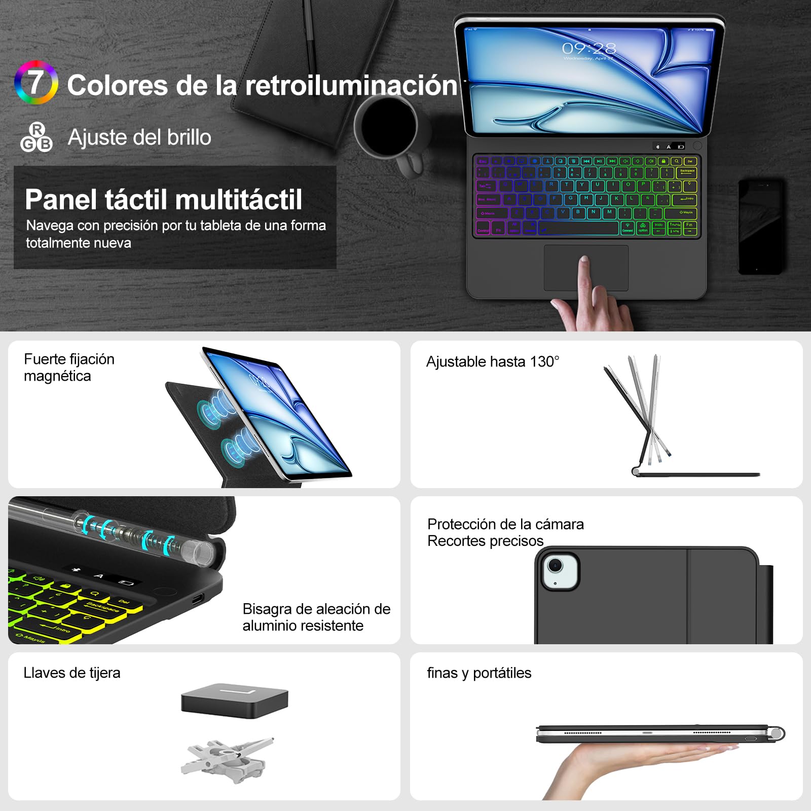 IVEOPPE Teclado Magic para iPad Air 13 Pulgadas (M4 2026/M3 2025/M2 2024) | Funda Keyboard 7 Colores Retroiluminados, Diseño Magnético Flotante con Trackpad para para iPad Pro 12.9 3-6 Gen, Negro