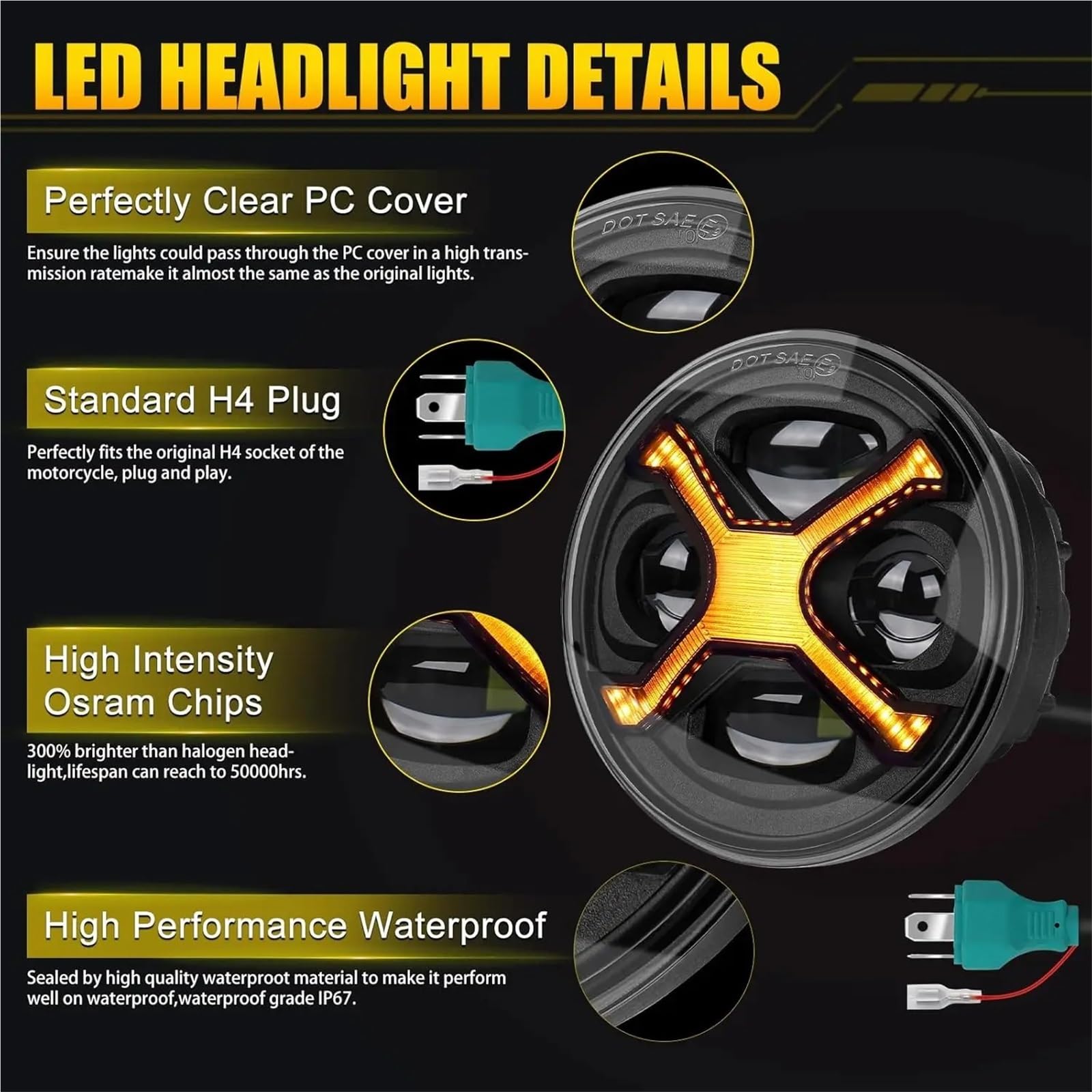 Faro LED para motocicleta de 5-3/4 5,75 pulgadas con faros redondos blancos de haz alto/bajo ámbar X DRL faro delantero moto