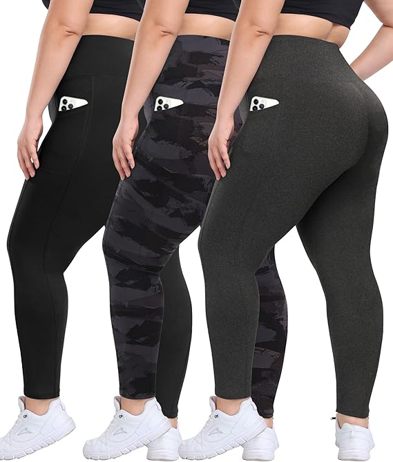 3 Pack Plus Size Leggings with Pockets for Women - High Waisted Tummy Control Spandex Soft Black Workout Yoga Pants