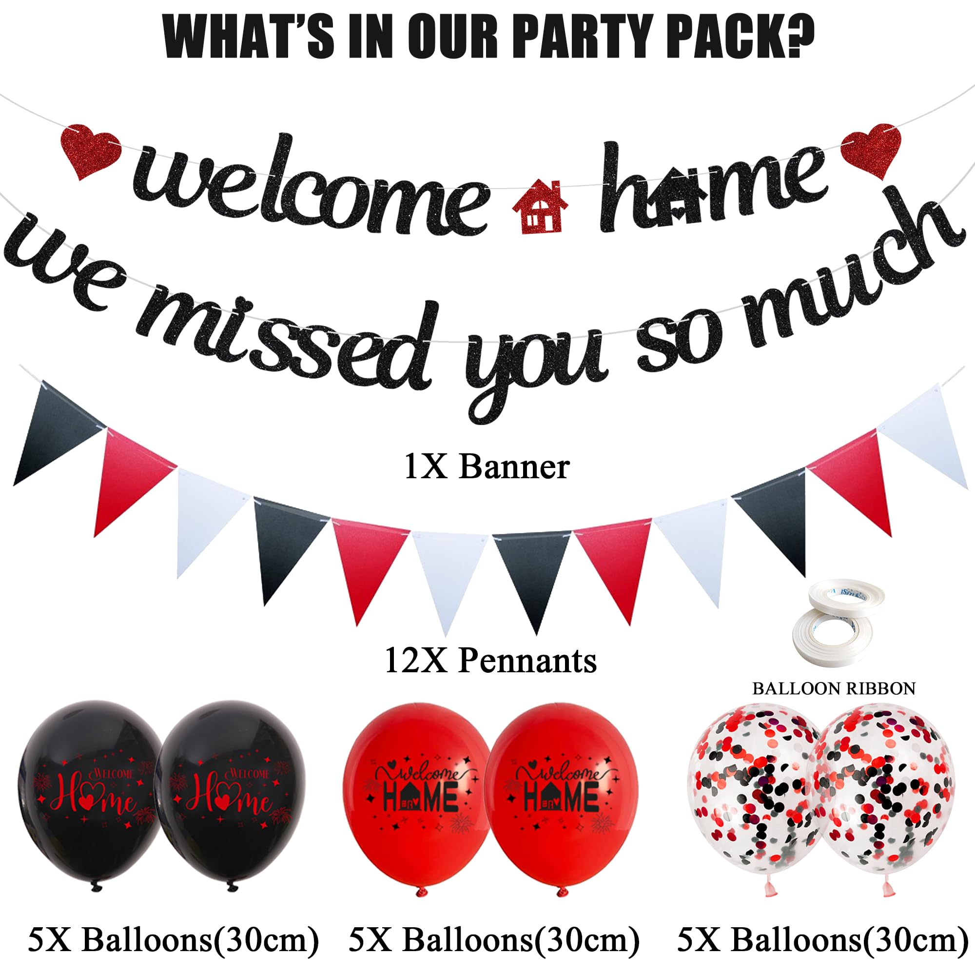 Welcome Home Decorations Banner Kit, We Missed You So Much Garland Bunting Balloon Black Red - Image 2