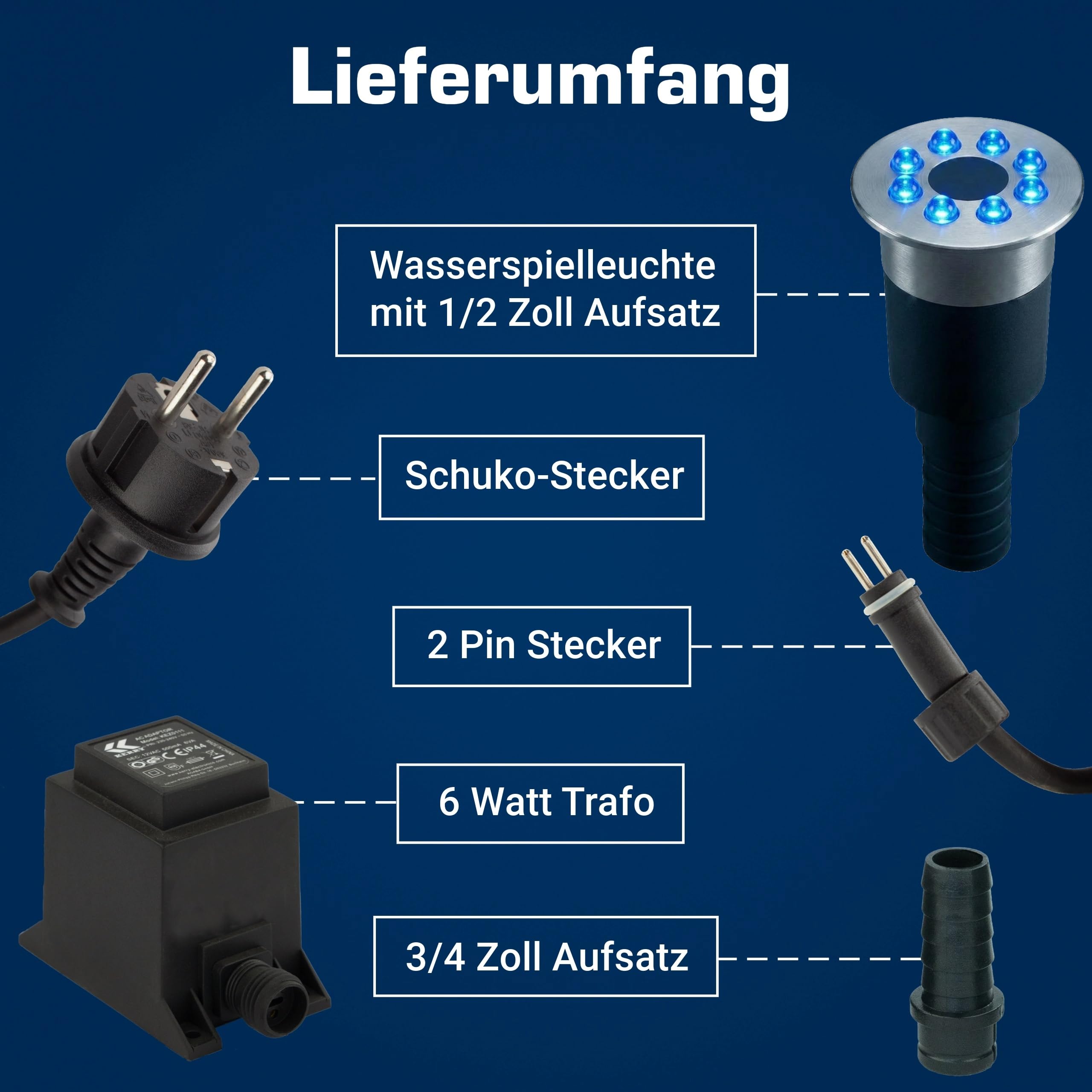 Kerry Electronics Wasserspielleuchte blau, inkl. Trafo, 0,6 Watt, IP68, 12V, 103 LUX, 650 cm Kabel, 8 LED, LED Ring Brunnen, Wasserspielbeleuchtung | Unterwasserlicht | Unterwasserstrahler