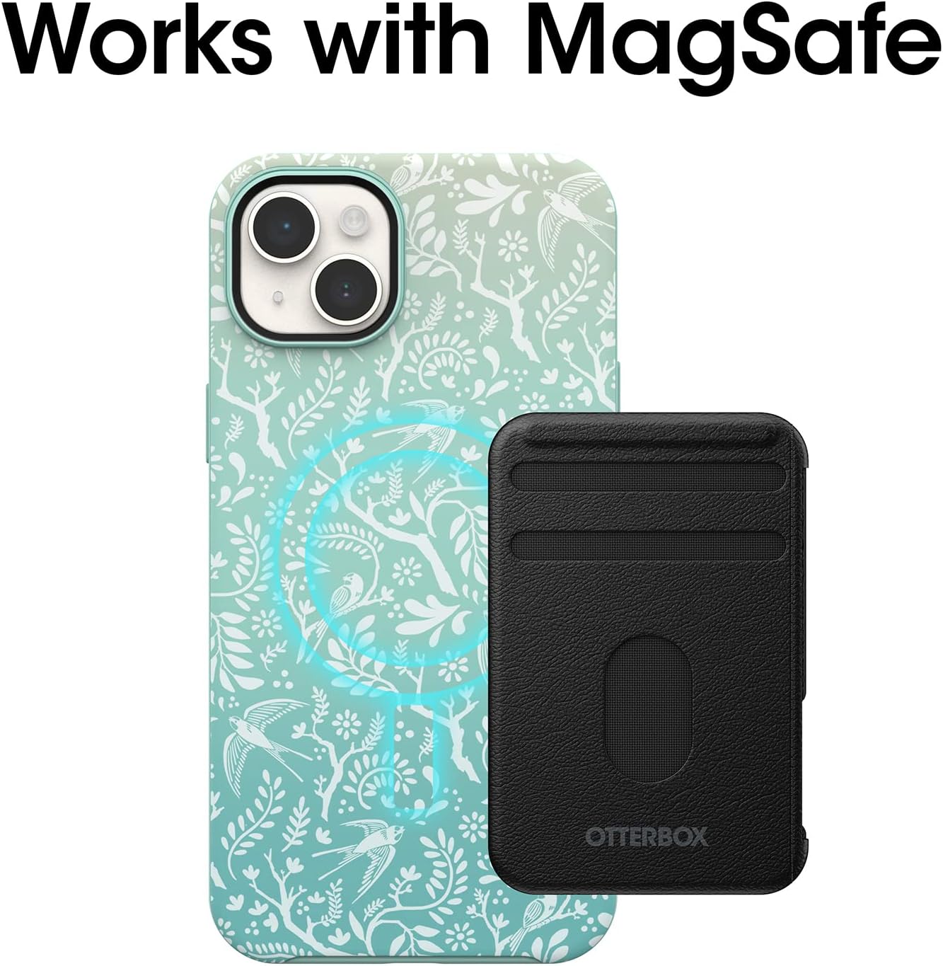 OtterBox iPhone 14 Plus Symmetry Series+ Case - FEATHERS AND FERNS (Green), ultra-sleek, snaps to MagSafe, raised edges protect camera & screen
