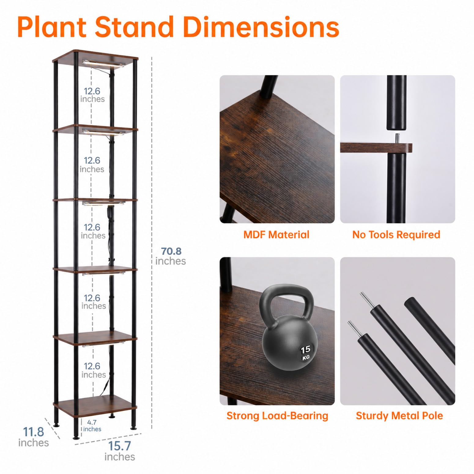 Bstrip Blumenständer mit Pflanzenlampe, 180cm 5 Ebenen Blumenständer Hoch | Holz & Metall, LED Pflanzenlampe Vollspektrum, Dekoratives Pflanzständer für indoor, Wohnzimmer, Innen Außen Blumenregal