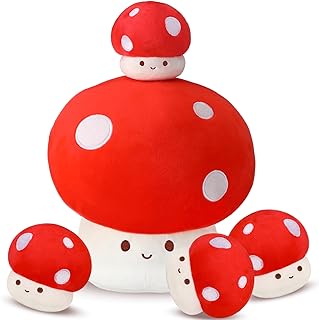 5 Pcs Mushroom Plush Pillow, 12 Inch 1 Large Mushroom Plush Pillow with 4 Small Stuffed Animals Hugging Room Decor Gift for Valentine