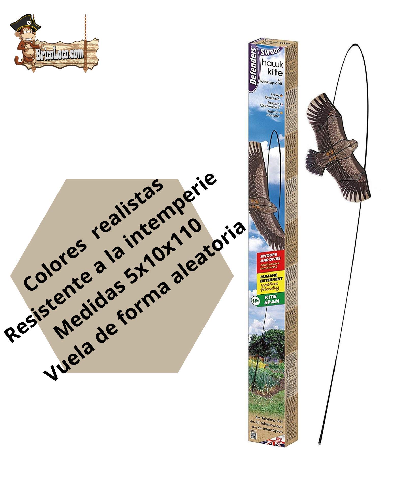 BricoLoco Pack Búho + Cometa espantapájaros. Pack Ahuyentador de pájaros, aves, palomas. Ideal para huerto o jardín.