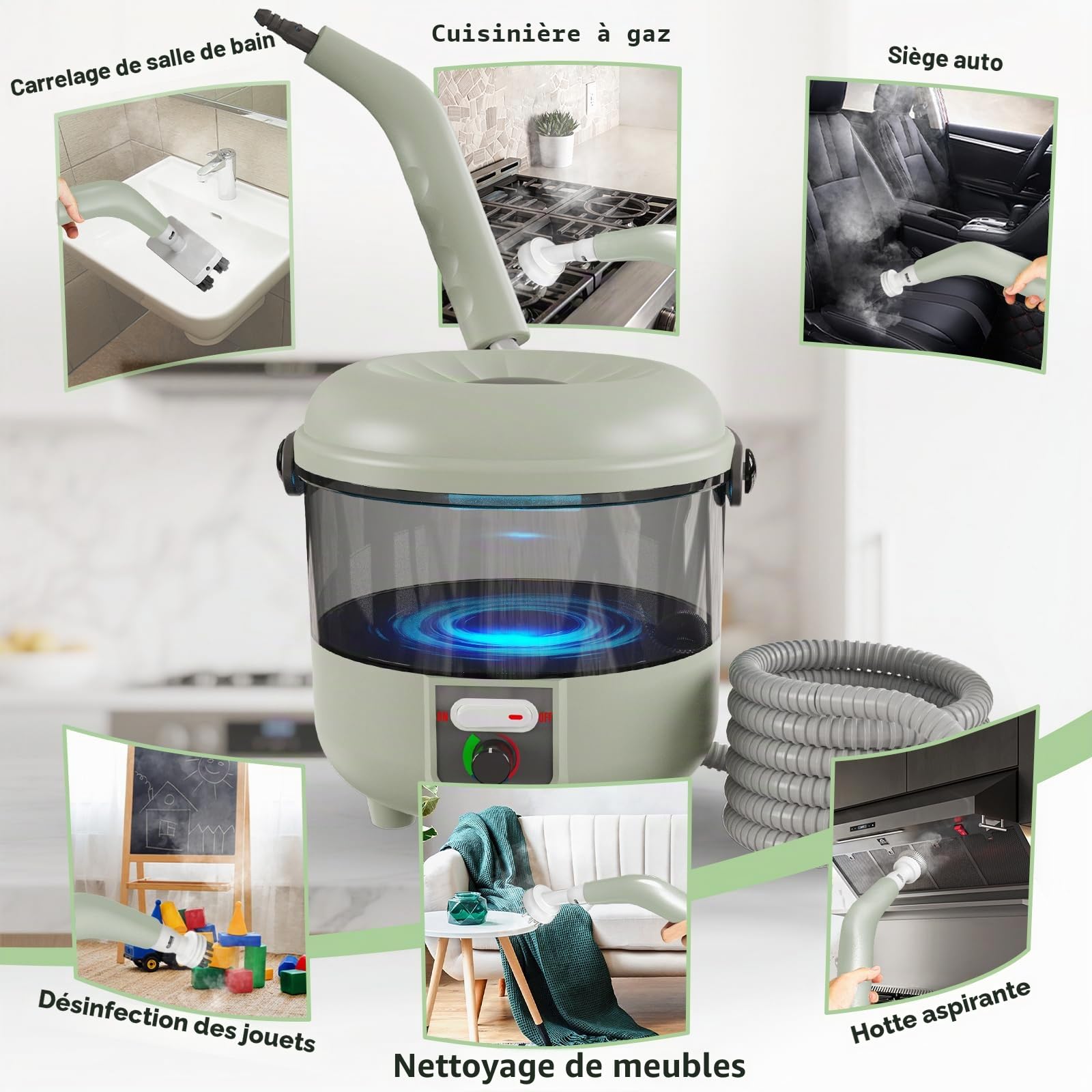 Nettoyeur Vapeur, 2500W Nettoyeur Vapeur Puissant avec 6 Brosses, Multi-Usages Steam Cleaner pour le Nettoyage en Profondeur des Tapisseries, Voiture, Cuisine, Salle de Bain, Carrelage