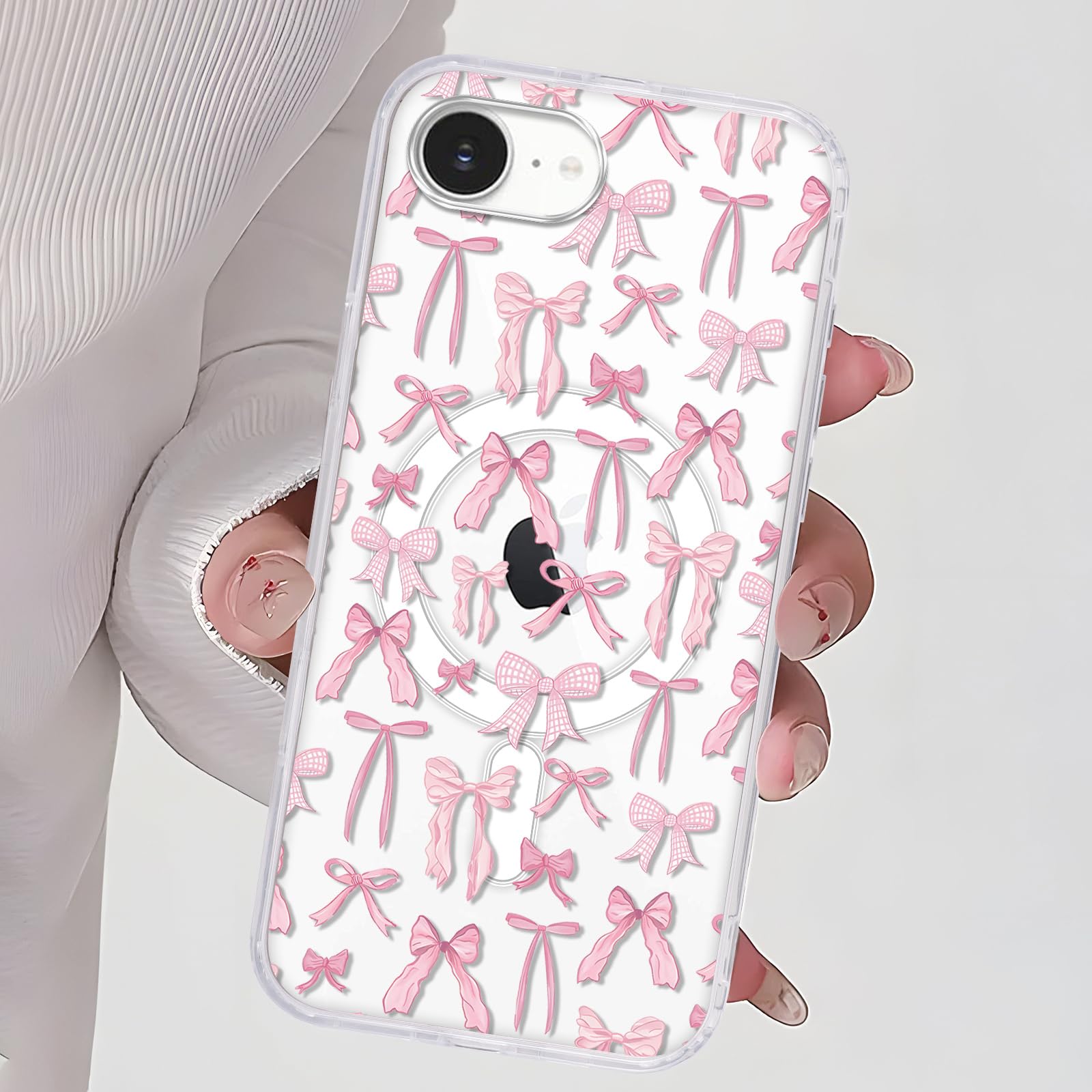 Zrutru Pink Bow Clear Magnetic Phone Case for iPhone 16E Case Kawaii Ribbon Pattern Design Funda,Wireless Slim Soft TPU Protective Cover for iPhone