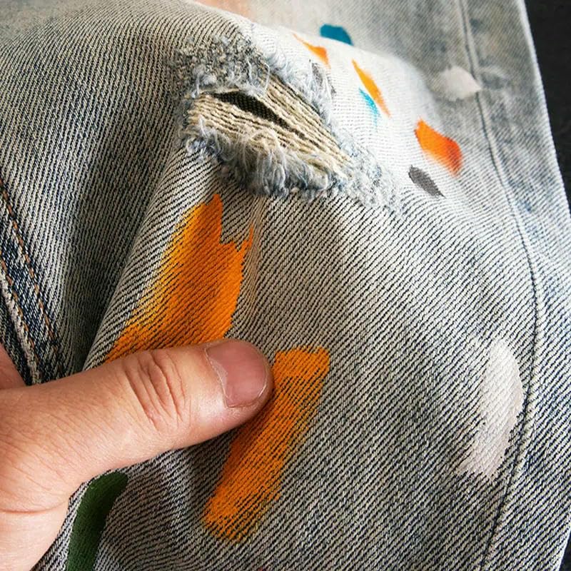 Street Men Jeans Retro Washed Blue Stretch Slim Fit Ripped Jeans Mens Painted Designer Hip Hop Splashed Denim Pants4