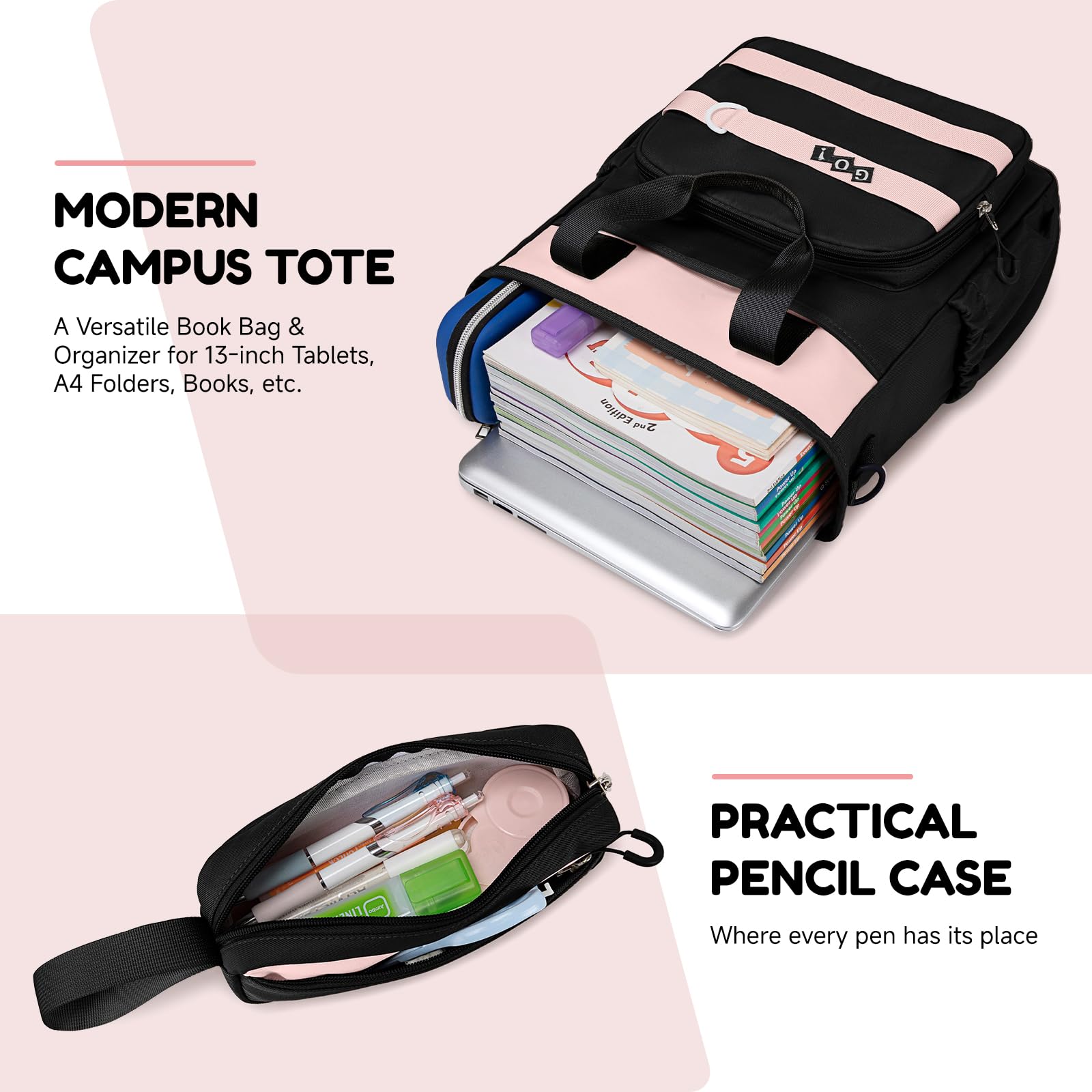 Amythe Mochila Escolar para Niñas Adolescentes 3 Piezas - Set Colegio Secundaria (Mochila Grande Chicas+Bandolera+Estuche) - Impermeable Ligera - Edad 11-18 Años -Rosa