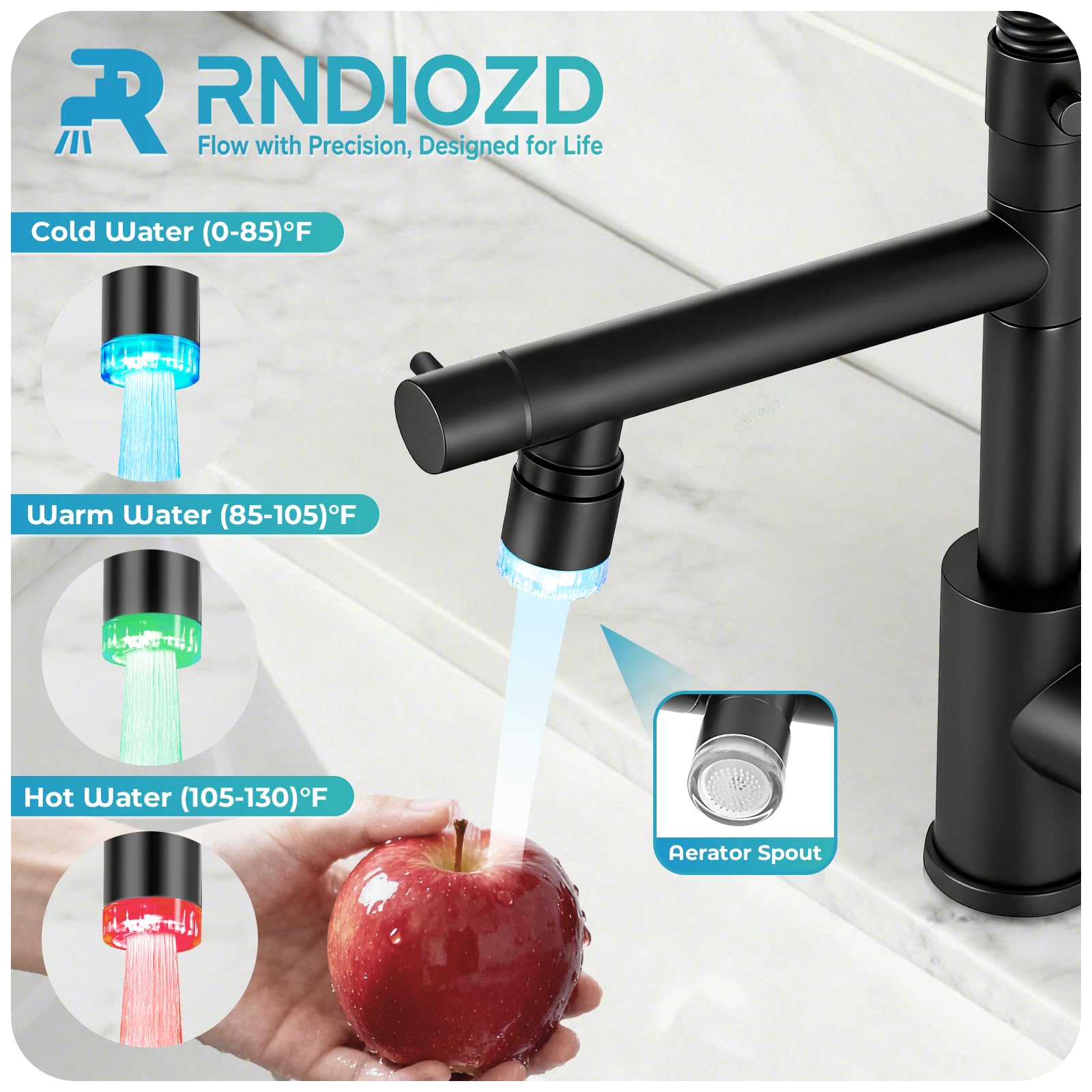 Rubinetto da cucina a LED con spruzzatore estraibile, nero opaco, maniglia singola, rubinetti da cucina commerciali, 2 beccucci in acciaio inox a molla estraibile rubinetto per lavello da