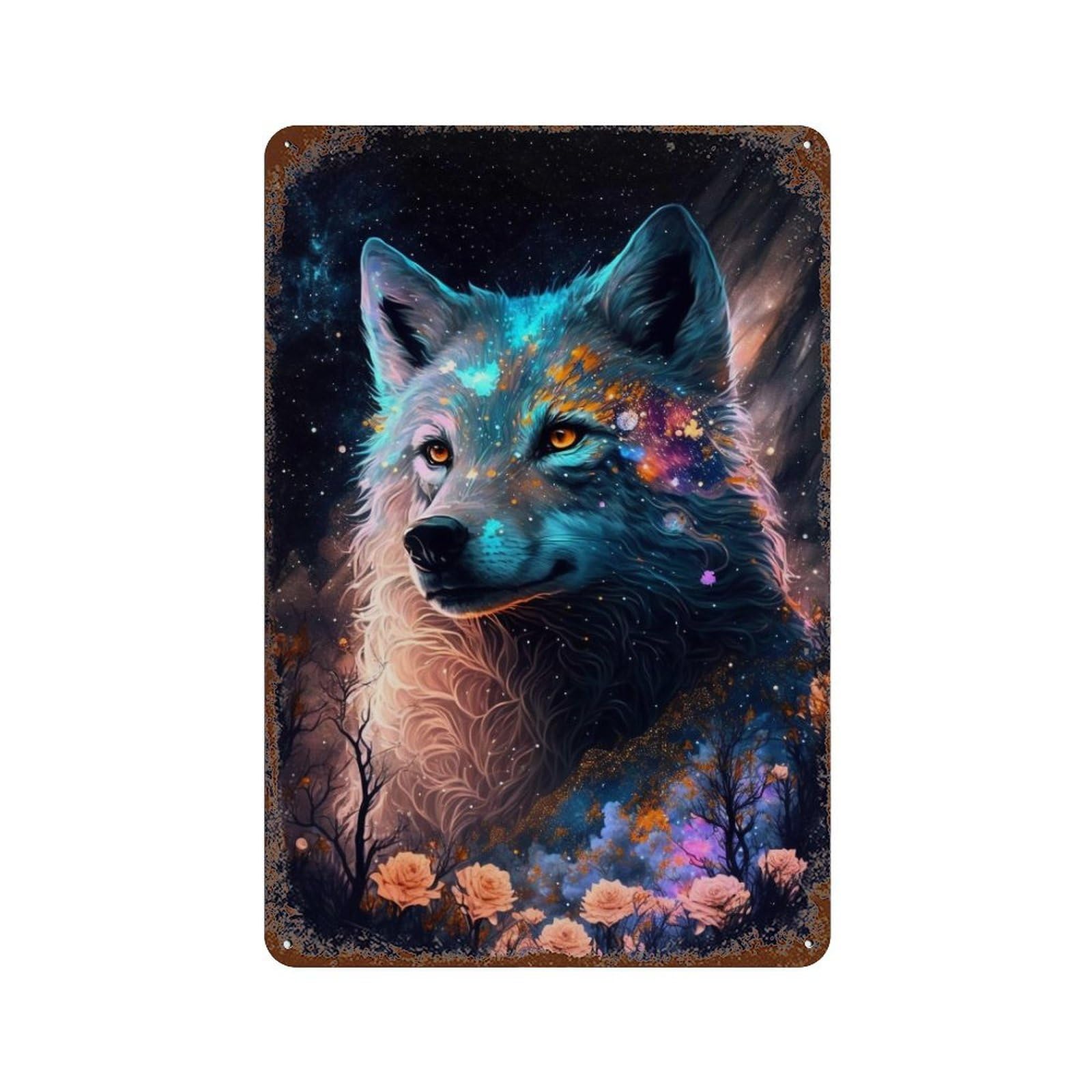 Rust Effect Tin Sign Galactic Wolf Fantasy 11.8"x7.9", Vintage Wall Decor for Living Room, Hallway And Home Decor