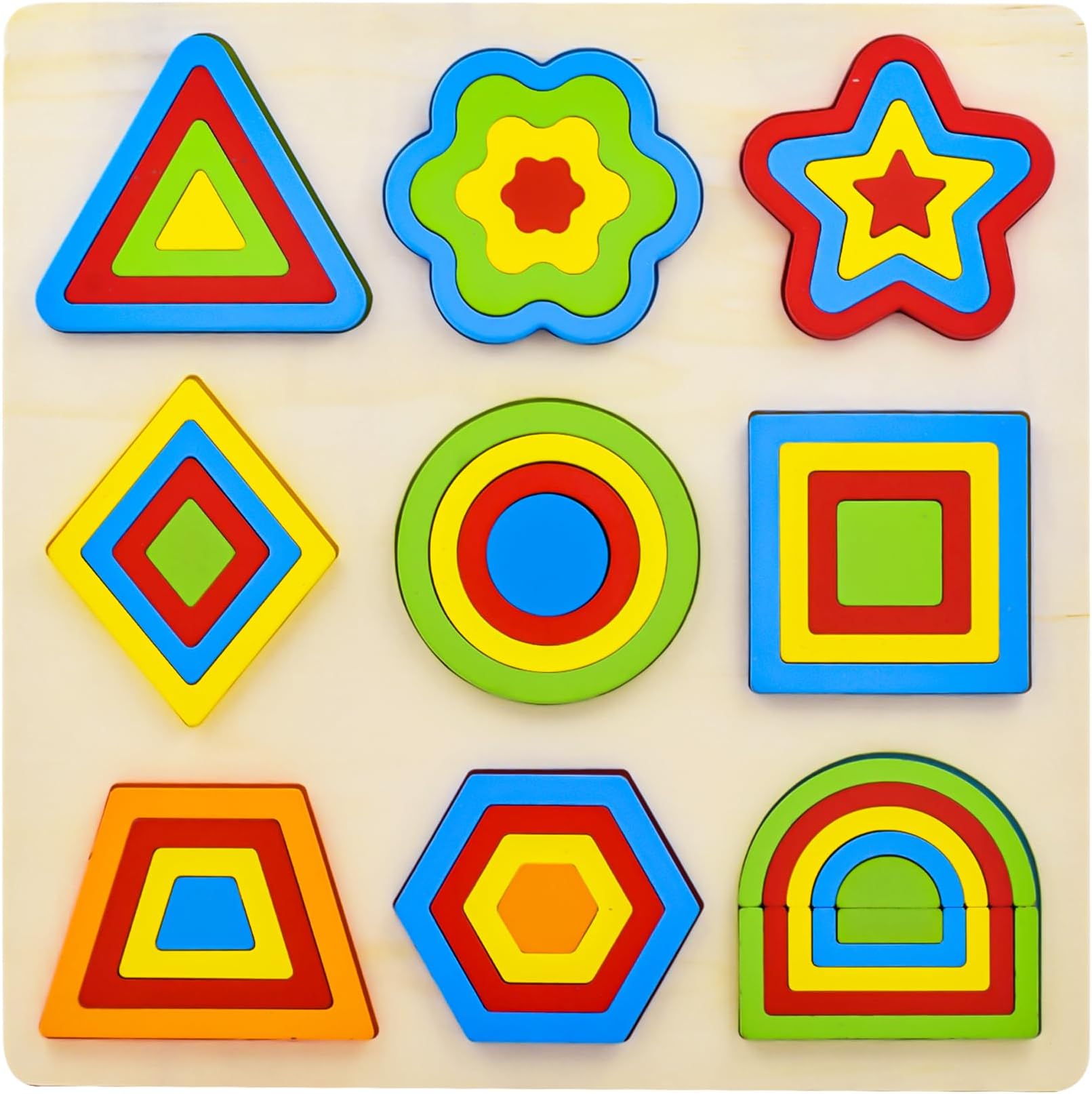 WISHKEY Wooden Shapes Puzzle Learning Toy, Montessori Brain Teaser Puzzle Board with 9 Geometric Shapes, Interactive Game Educational Toys for Kids, Multicolour, 3+ Years (Pack of 1)