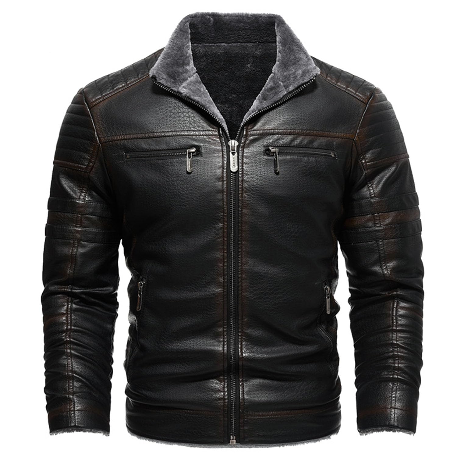Herren PU Lederjacke Durchgehender Reißverschluss Motorradmantel Winddicht Lässig Windjacke Oberbekleidung