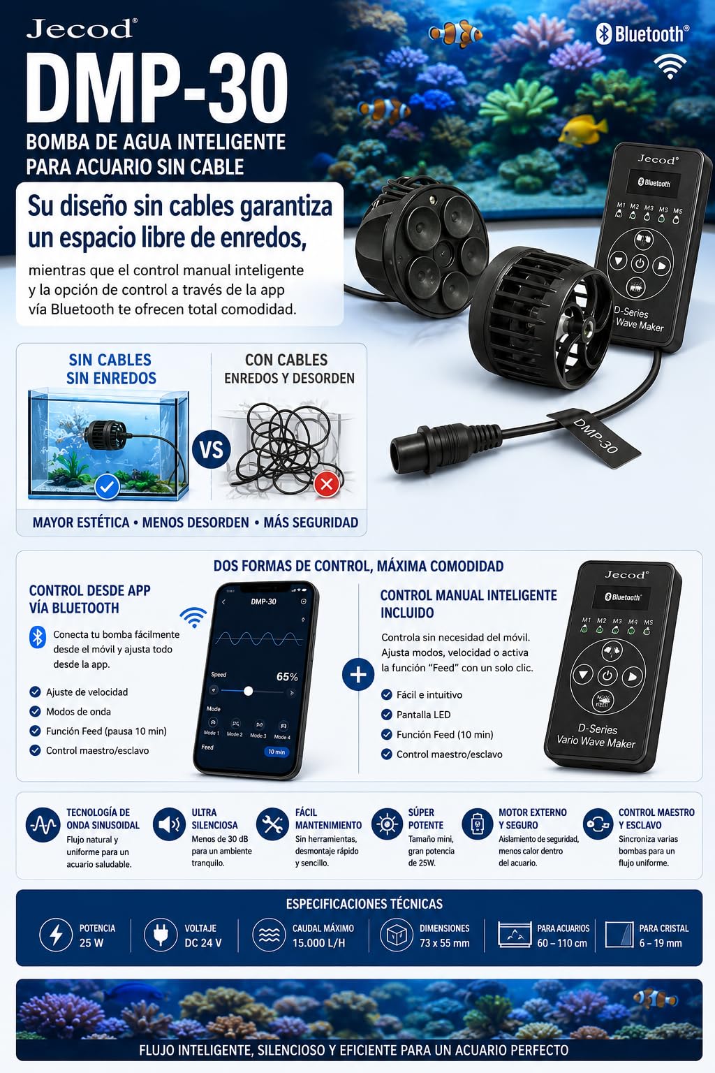 Bomba inteligente de agua para acuarios sin cable con control de aplicación/manual DMP-30 Jebao