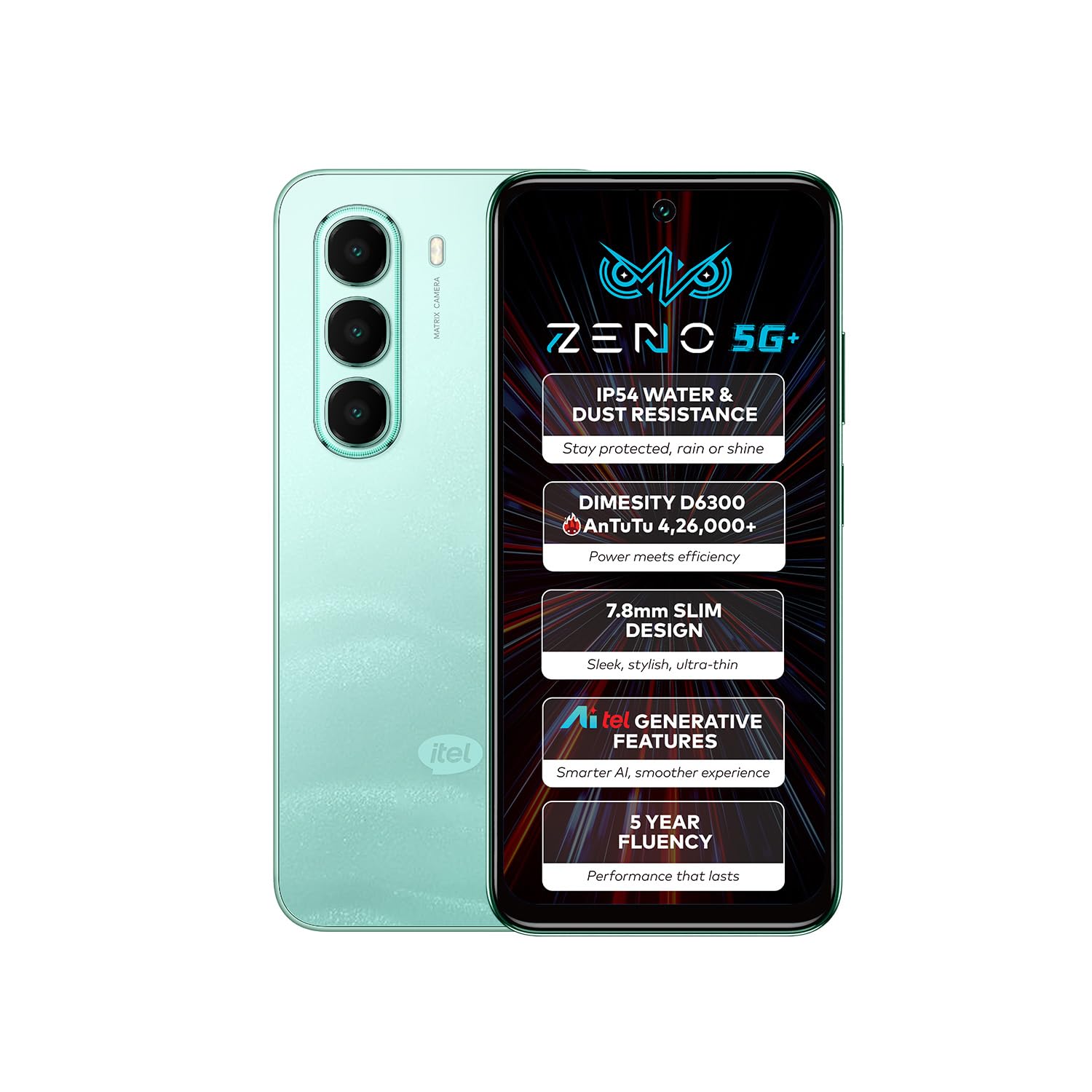 ZENO 5G AI Smartphone | 8GB RAM 128GB ROM | IP54 Rated for Dust & Water Resistance | D6300 5G Processor | 6.7″ HD+ 120Hz Punch-Hole Display | 50MP Camera | 5-Year Fluency | Wave Green ZENO 5G AI Smartphone | 8GB RAM 128GB ROM | IP54 Rated for Dust & Water Resistance | D6300 5G Processor | 6.7″ HD+ 120Hz Punch-Hole Display | 50MP Camera | 5-Year Fluency | Wave Green