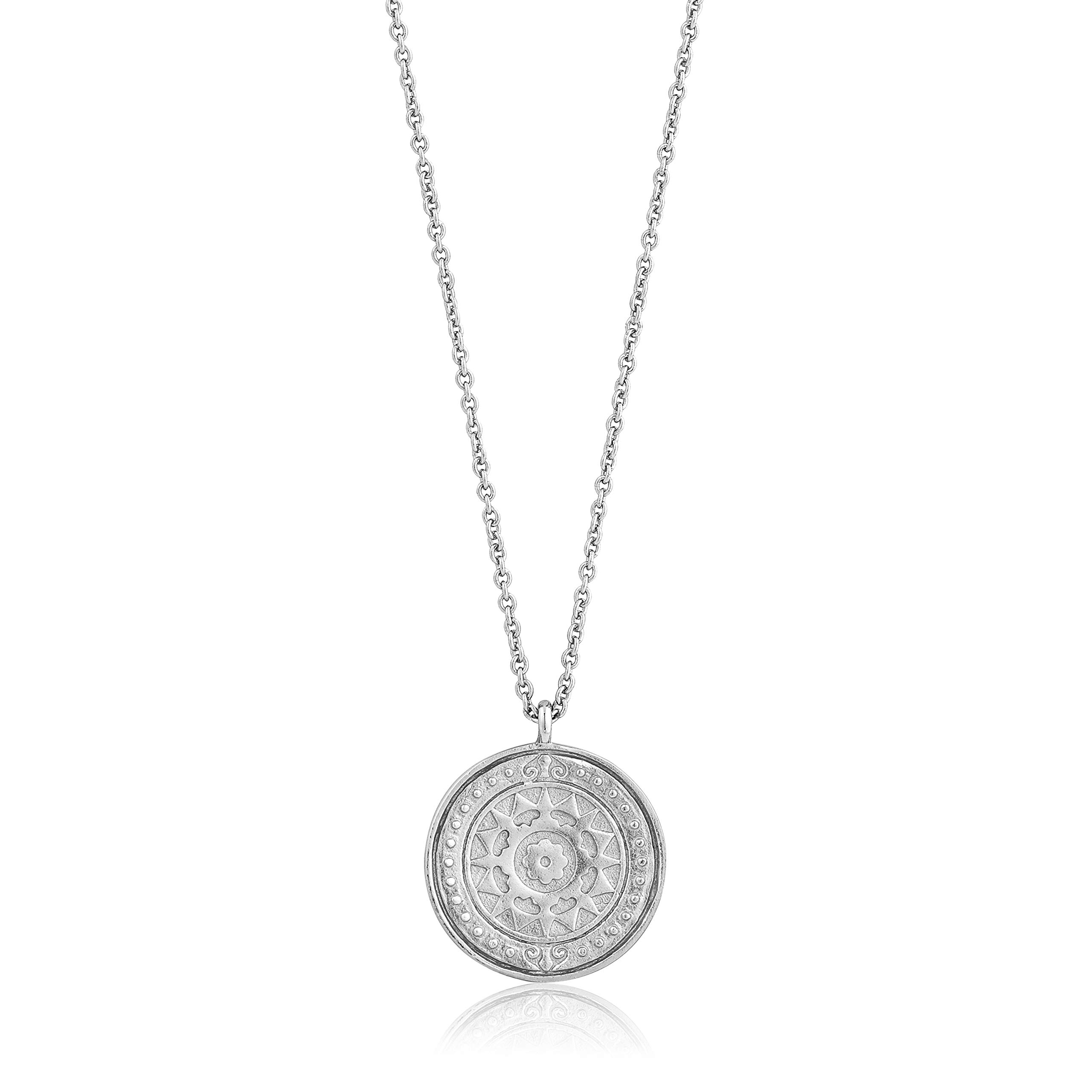 Collar con colgante de moneda romana martillada de plata de ley 925 para mujer, rodio blanco