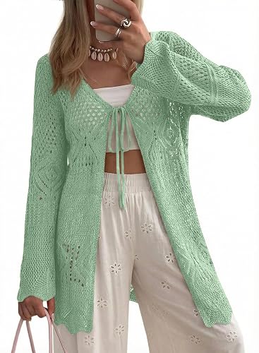 SHEWIN Crochet Cardigans for Women Long Sleeve Tie Front Bow Cardigan Sweaters Hollow Out Knit Summer Beach Vacation Coverups