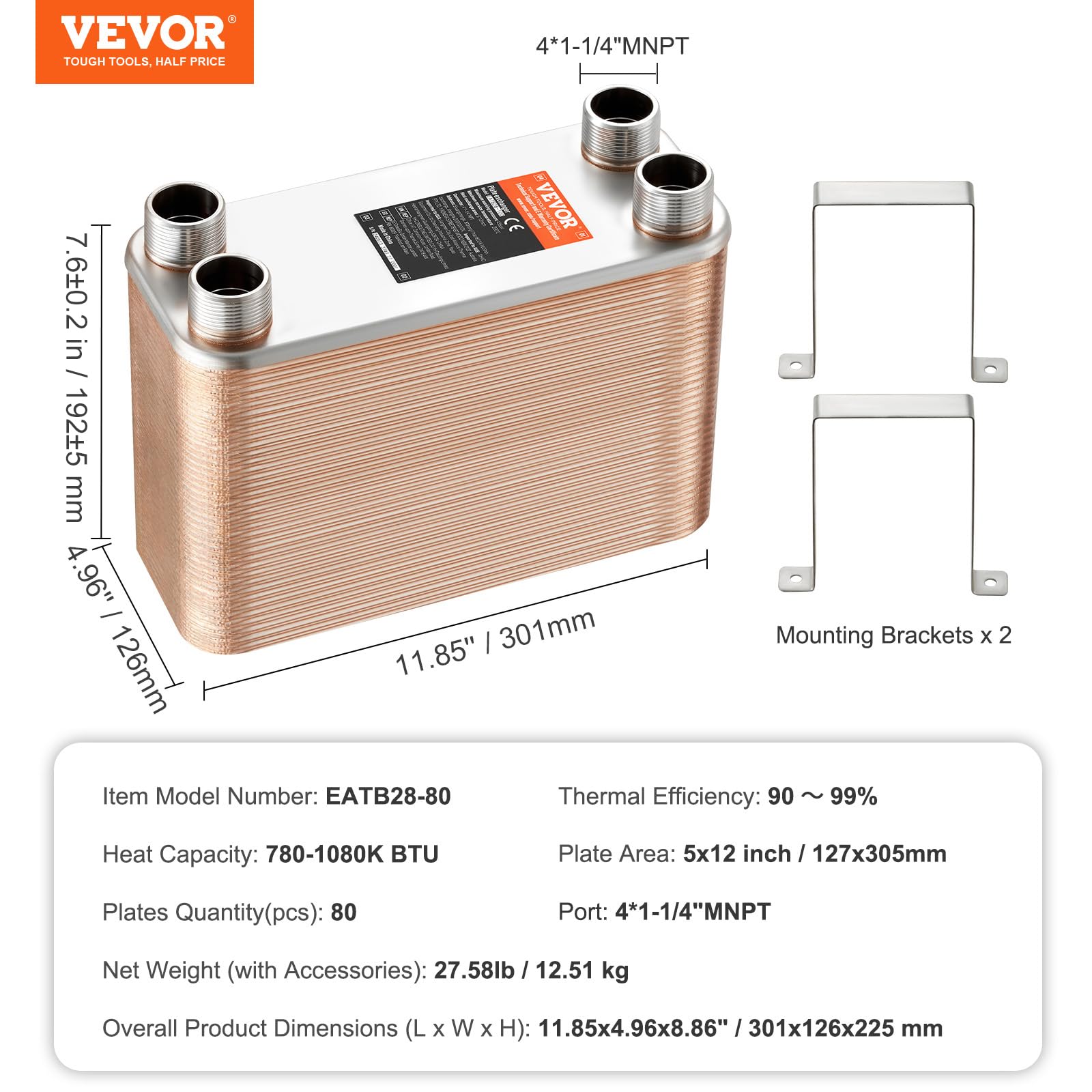 VEVOR Intercambiador de Calor, 80 Placas Soldadas, Cobre/Acero Inoxidable 316 L Agua a Agua para Calefacción por Suelo, Derretimiento de Nieve, Enfriamiento de Cerveza, 301 x 126 x 225 mm, Cobre
