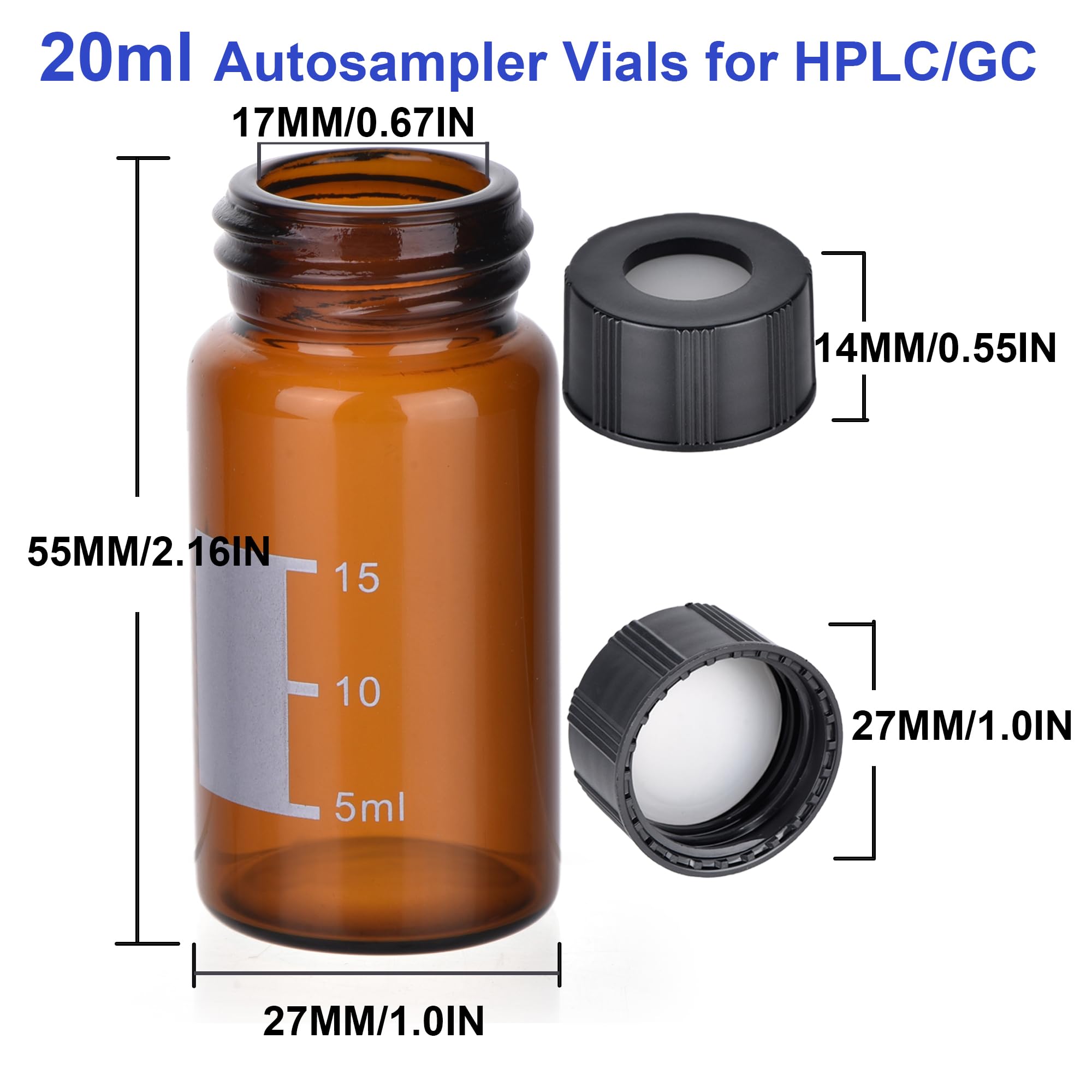 ESHATO Vial de muestreo automático de 20 ml, paquete de 100 viales HPLC/GC 9-425 viales ámbar de laboratorio, viales de muestra, tapón de rosca, parche de escritura de PTFE blanco y septa de silicona
