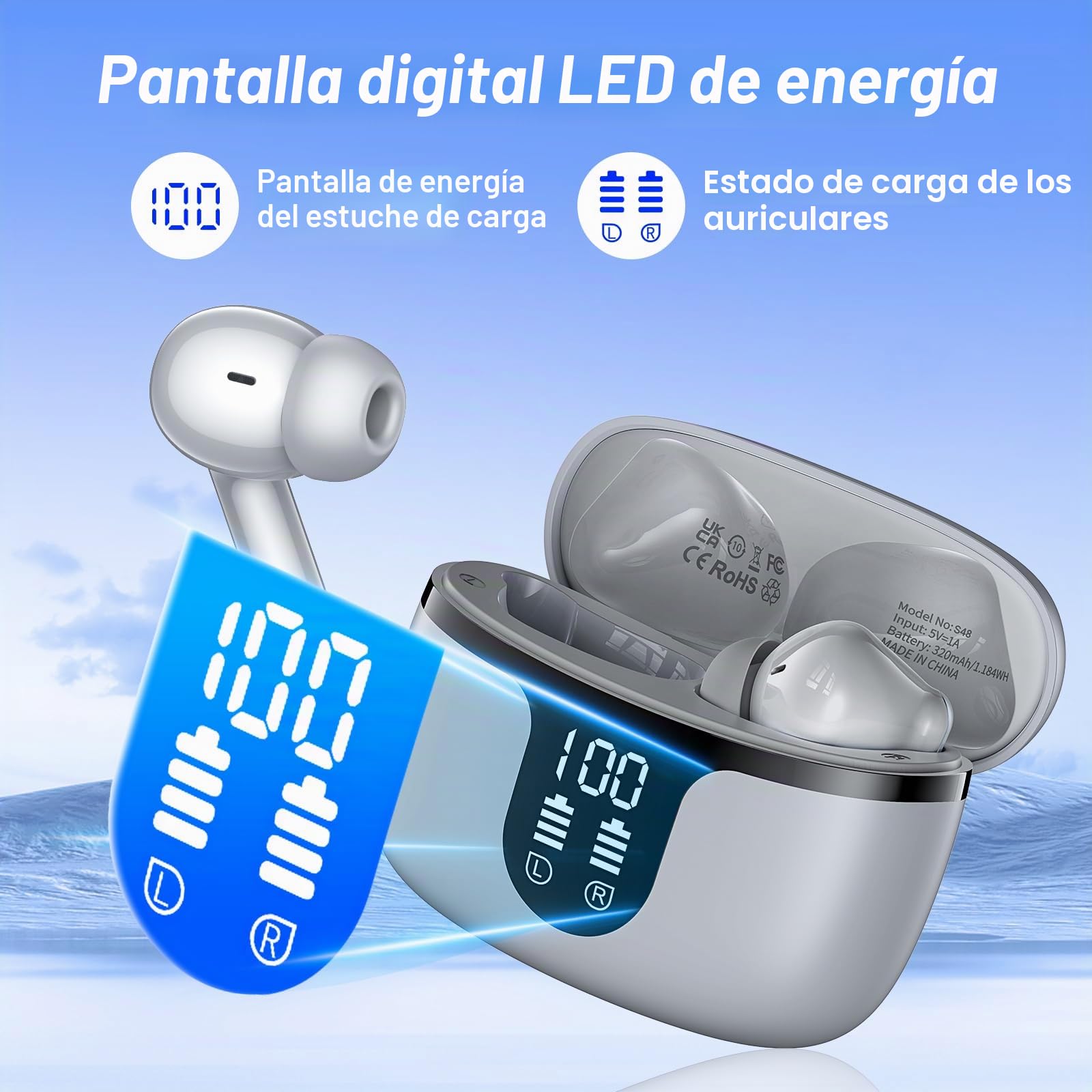 Auriculares Inalambricos Bluetooth Cascos Inalámbricos con HiFi Estéreo,4 Mic con Reducción de Ruido ENC,Bluetooth 5.3,48H Playtime,Impermeable IPX7,Pantalla Pantalla de energía LED Gris