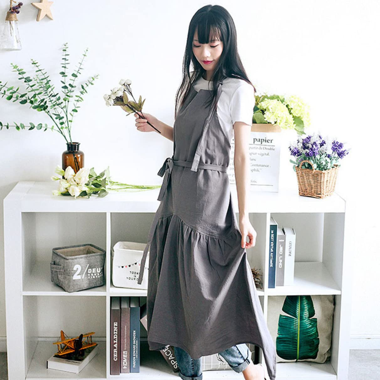 Amazon｜JCHJ エプロン 女性用 おしゃれ フリル かわいい グレー 大人