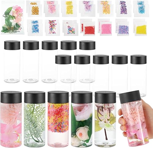 16 Pcs Empty Sensory Bottles Kits, 300 ml Leakproof Clear Plastic Sensory Bottles with Lids with Sequins Accessories, Reusable Water Bottles for