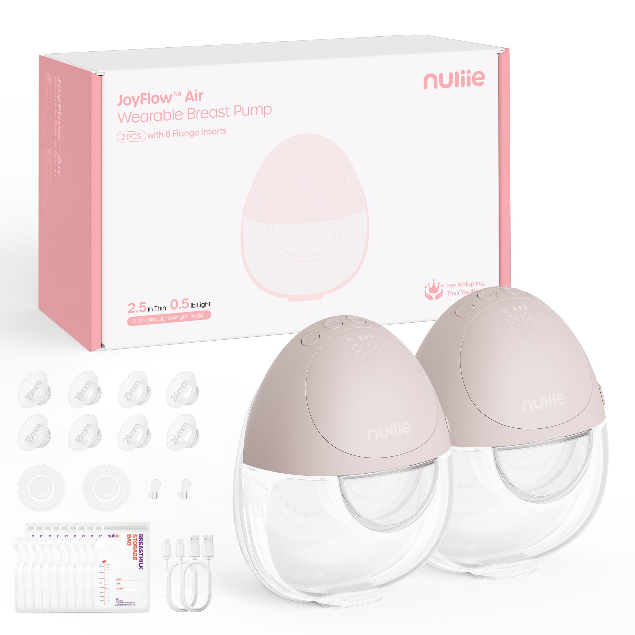 Nuliie JoyFlow Air - Sacaleche eléctrico, extractor de leche portátil manos libres, 3 modos & 12 niveles, silencioso y sin BPA, brida de 27 mm y puntas 15/18/21/24 mm - 2 - Rosa claro