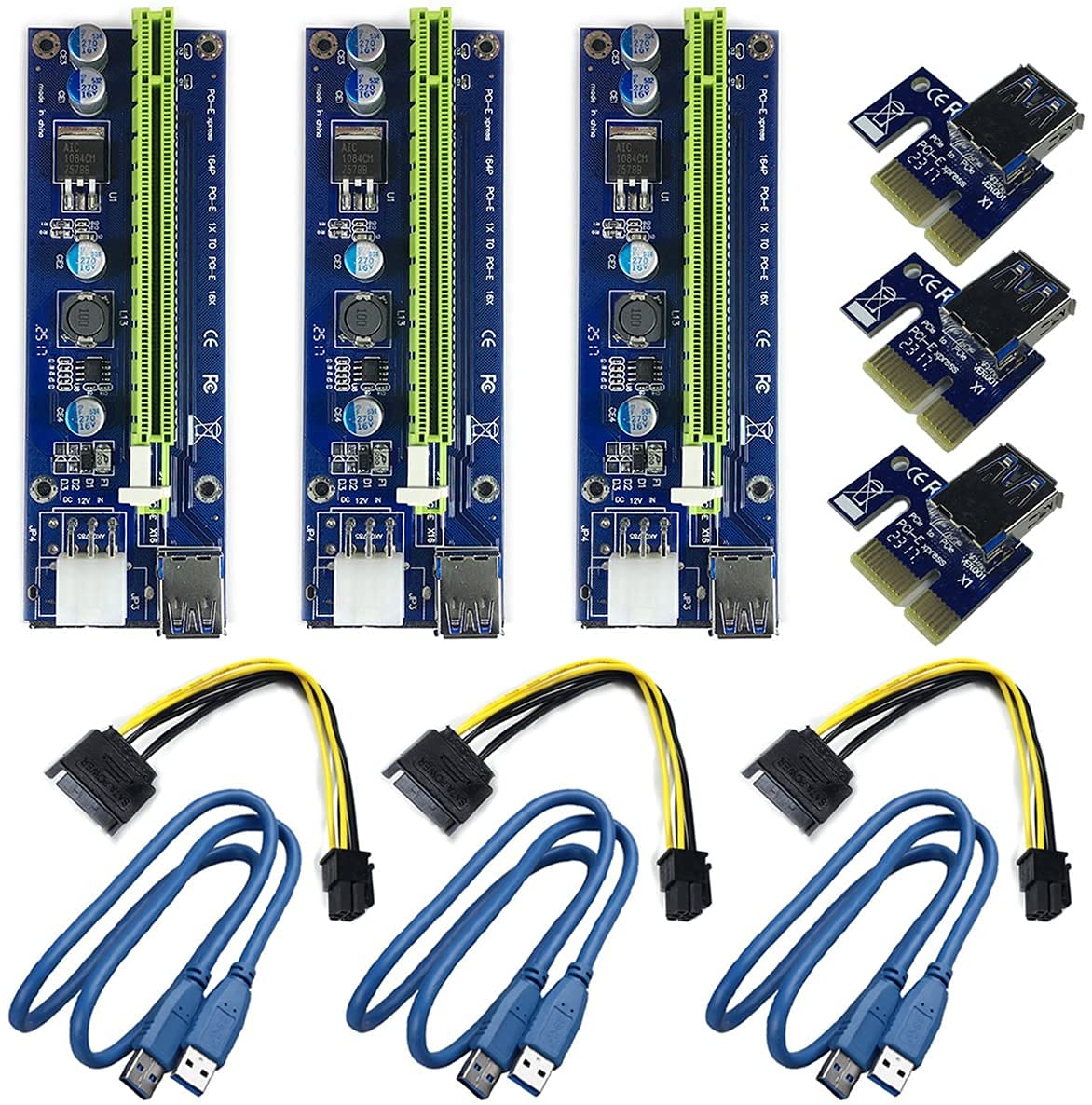 xsentuals pci-e 1x to 16x enhanced powered riser adapter card & usb 3.0 extension cable & 6pin to sata power cable & gpu riser adapter, perfect for gpu graphic card express ethereum mining eth (3pcs)