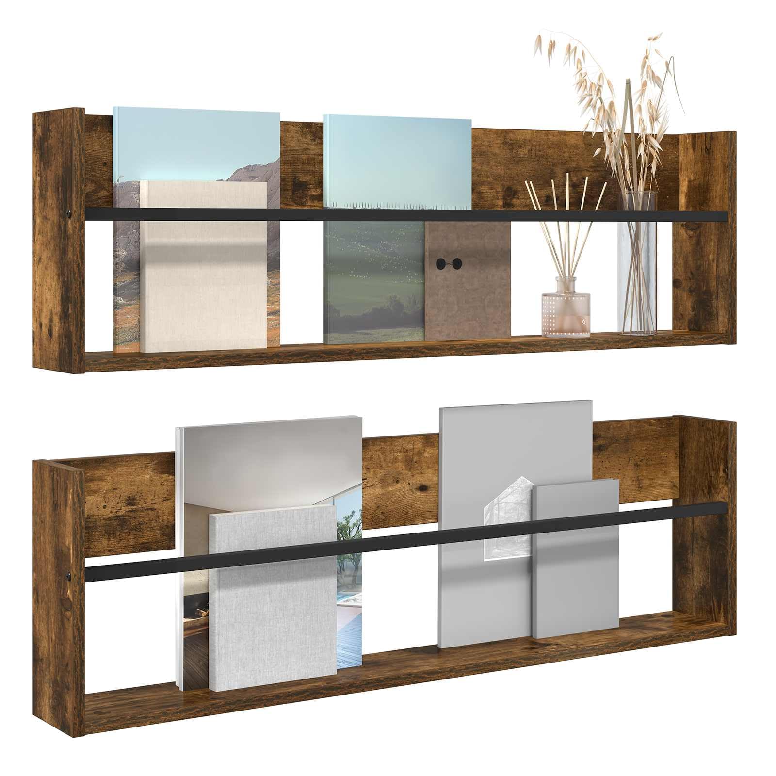 Magazinregal 2 Stück in Geräucherter Eiche aus Holzwerkstoff 100 x 12 x 30 cm mit Wandmontage, vielseitiger Zeitschriftenhalter für Wohnzimmer, Büro und Leseecke
