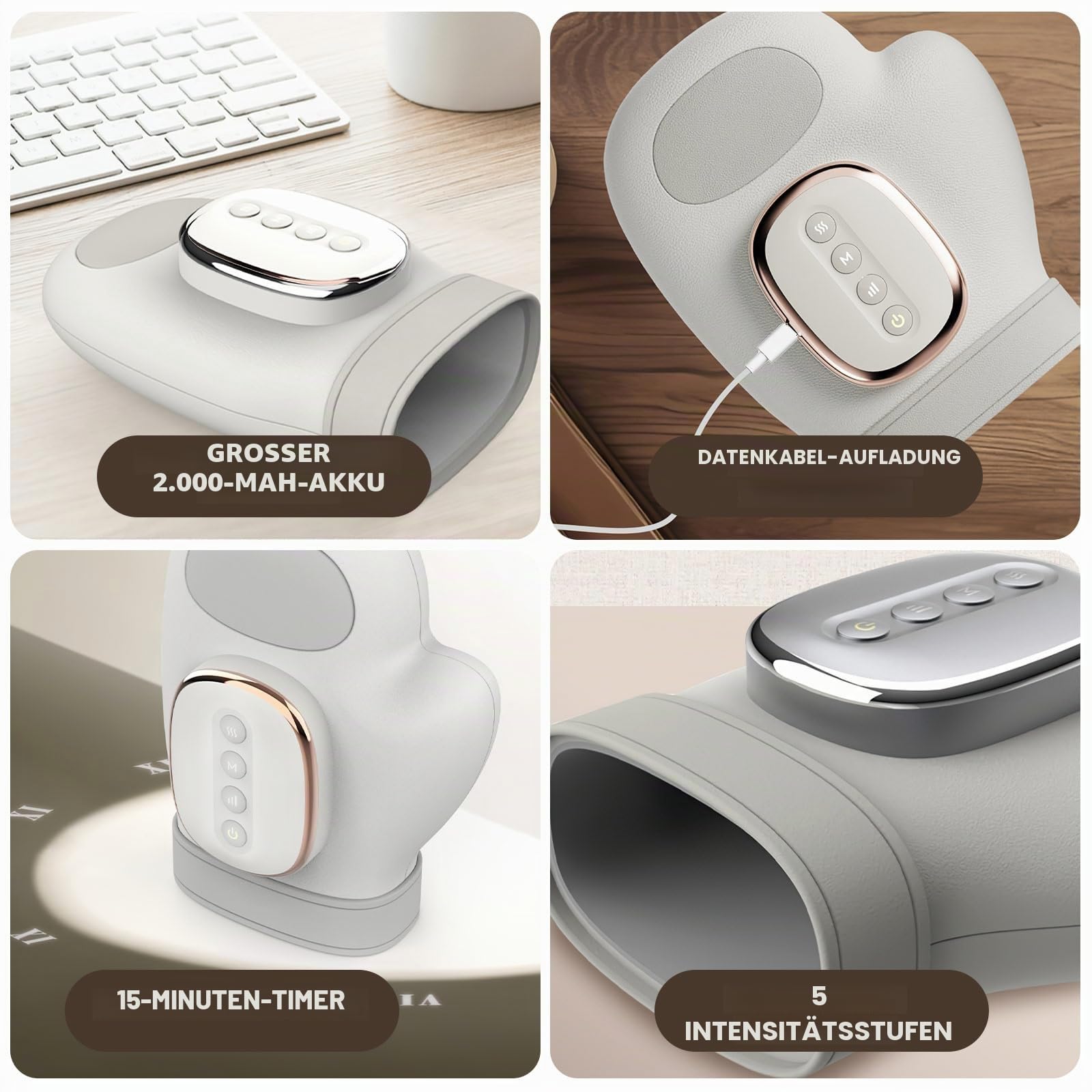 Handmassagegerät mit Thermotherapie,Handmassagegerät Mit Wärme & Luftkompression,3 Modi,5 Intensitätsstufen,15 Minuten automatischer Timer,Wireless Elektrisches Wiederaufladbare HandMassager (1pcs)