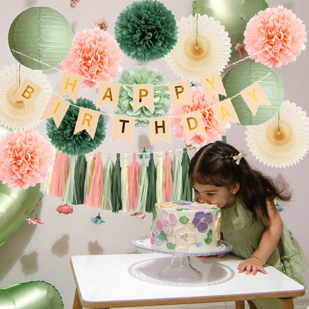 Sage Green and Peach Birthday Decorations Boho Beige Peach and Olive Green Birthday Decorations for Women Girls Cream Fans Pom Poms Sage Olive Pink Cream Tassel Garland Party with Banner Beige Gold - Image 3