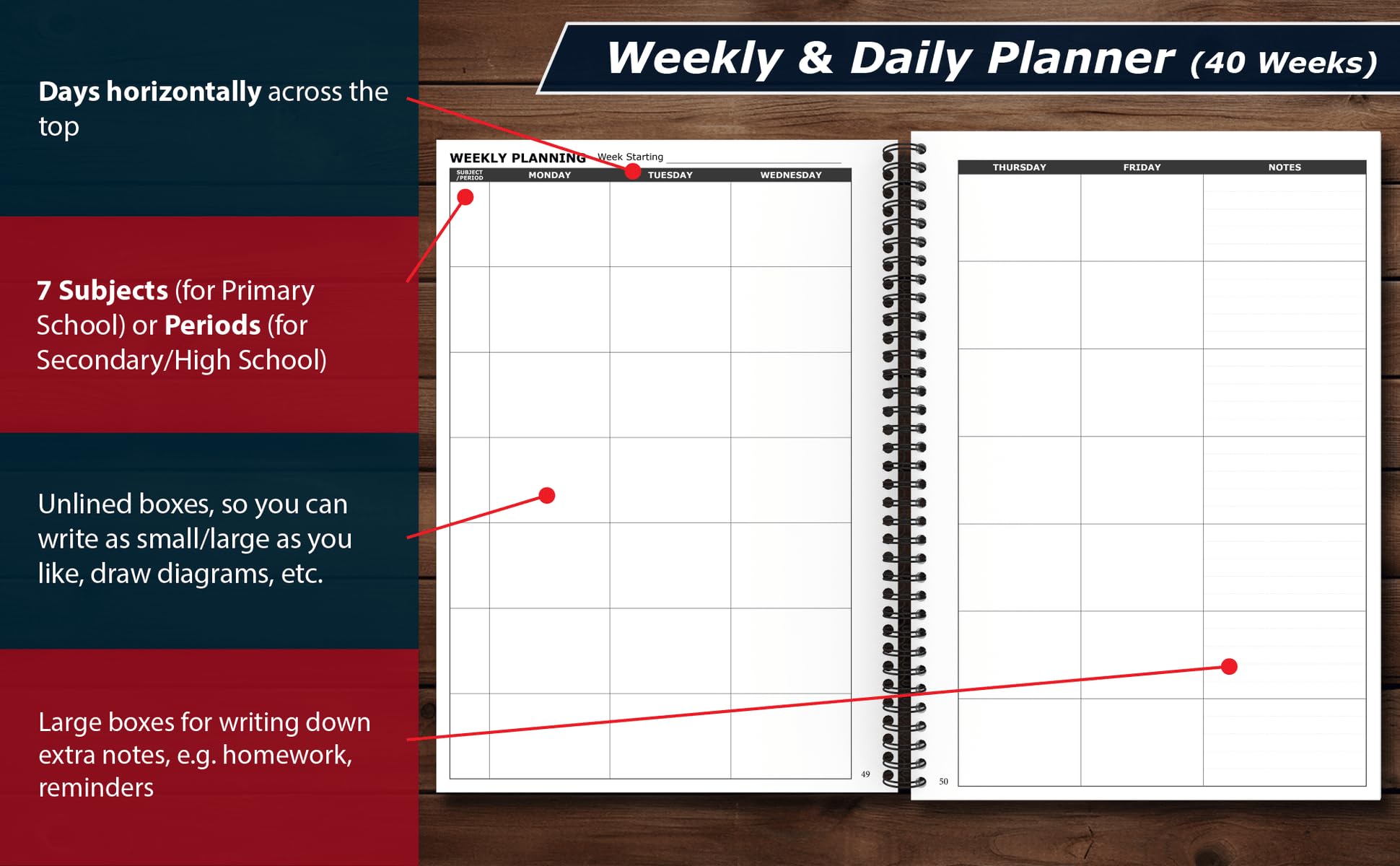 Undated UK Teacher Planner - A4, Primary/Secondary School, 7 Subjects/Periods, Dark Blue & Red - Image 3