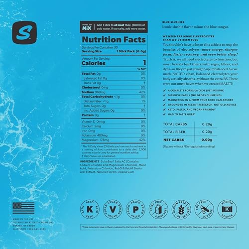 Miniatura 9 de SALTT - Mezcla de bebida con sabor a electrolitos en polvo, Blue Slushies, 30 paquetes de hidratación, magnesio, potasio, sodio, oligominerales,