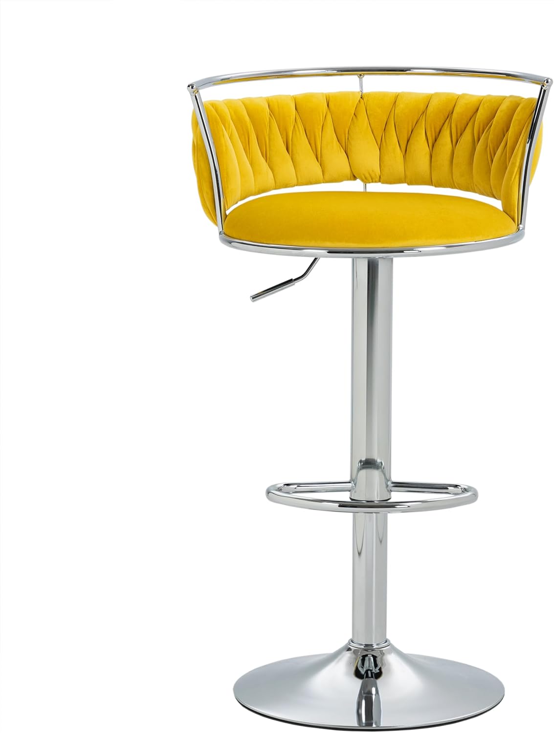 UIXE 360° Swivel Bar Stools Set of 2, Modern Adjustable Counter Height Velvet Bar Chair Silver Metal Stool, Comfy Kitchen Island Dining Chairs with Woven Back & Footrest for Cafe Pub (Yellow)