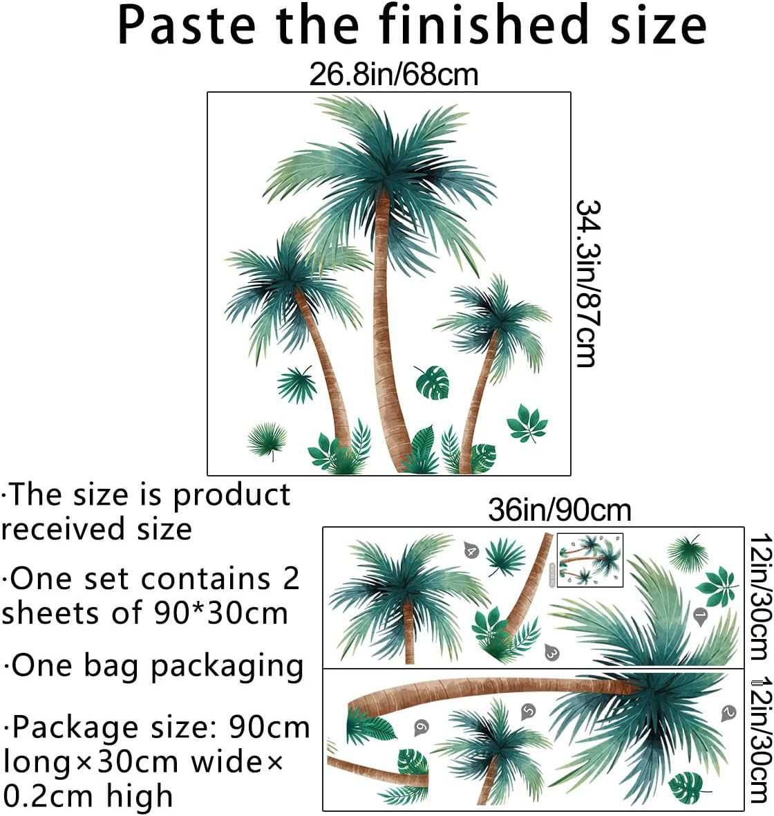 3D Removable Tropical Rainforest Wall Sticker Brown Tree Green Leaves Wall Decal DIY Peel and Stick Coconut Tree Wall Decor for Kids Girls Boys Bedroom Living Room Nursery Classroom Playroom