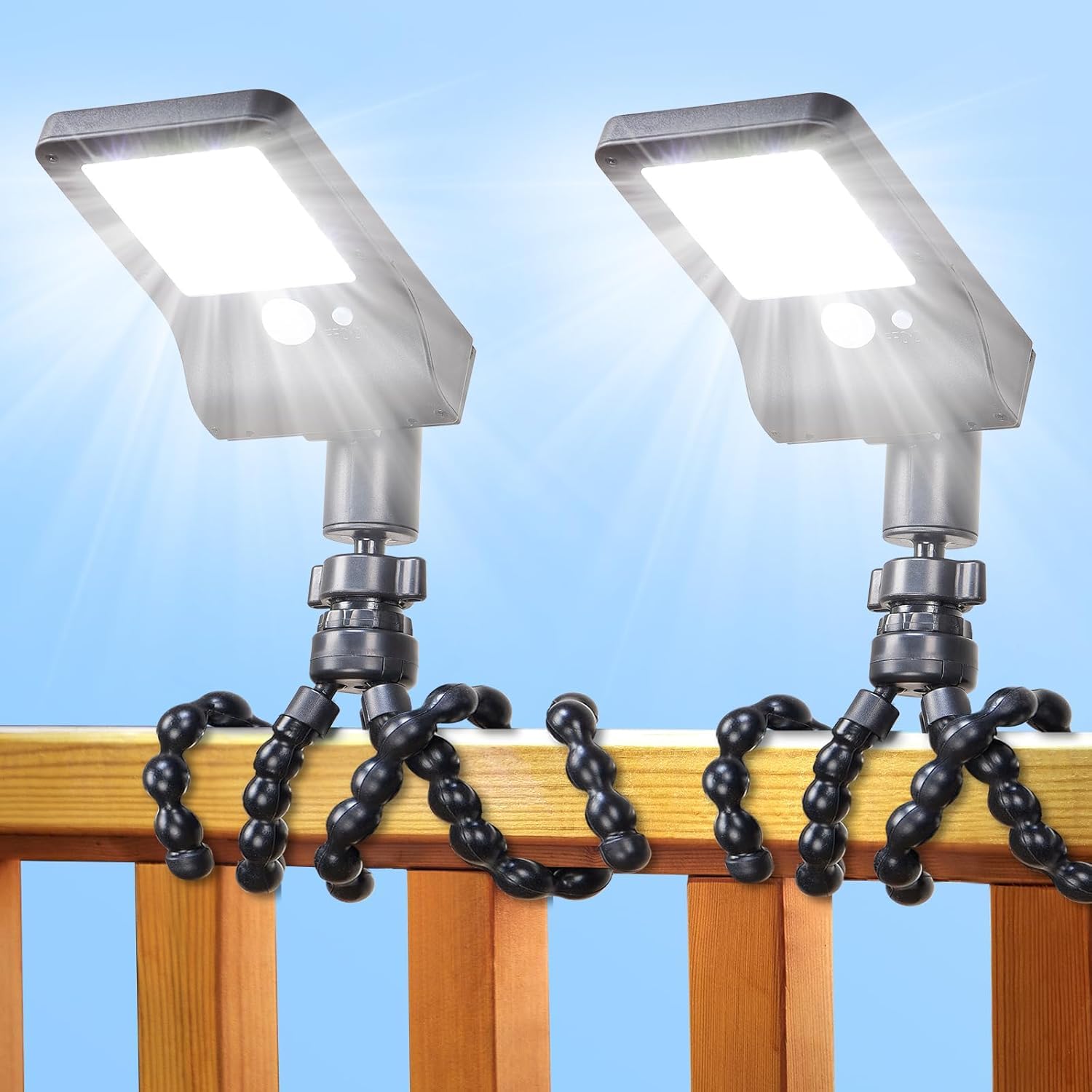 Solar Fence Lights Outdoor, 60 LEDs Motion Sensor Security Light with Flexible Octopus Tripod, 3 Lighting Modes, Adjustable Angle for Fence Deck Camping Patio (2)