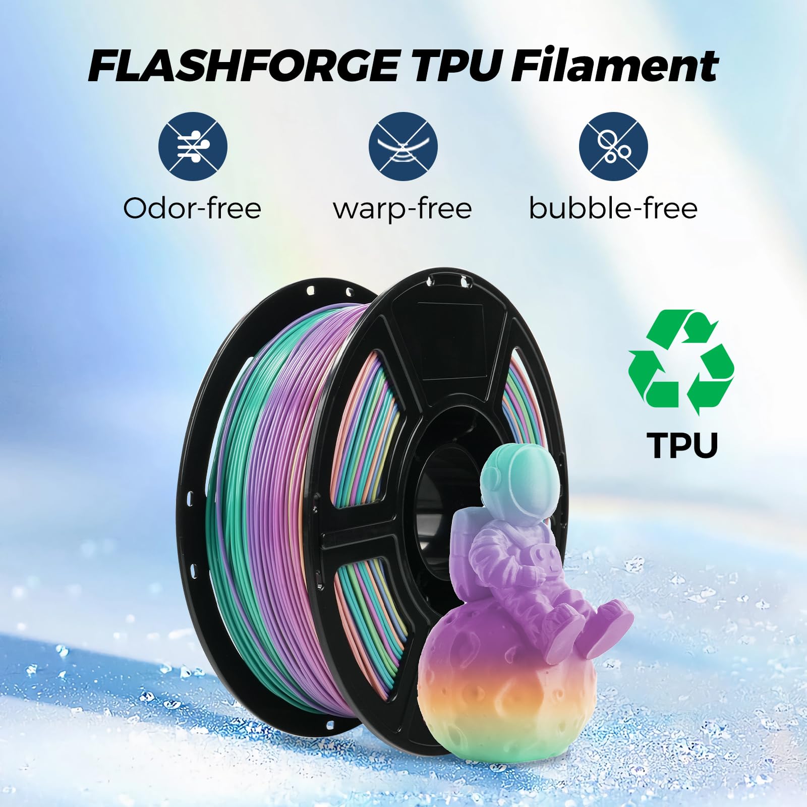 FLASHFORGE Filamento elastico/TPU95A per stampanti 3D da 1,75 mm, elevata elasticità e durata per prototipi morbidi, oggetti da indossare e parti funzionali, bobina da 1 kg (caramella dell'arcobaleno)