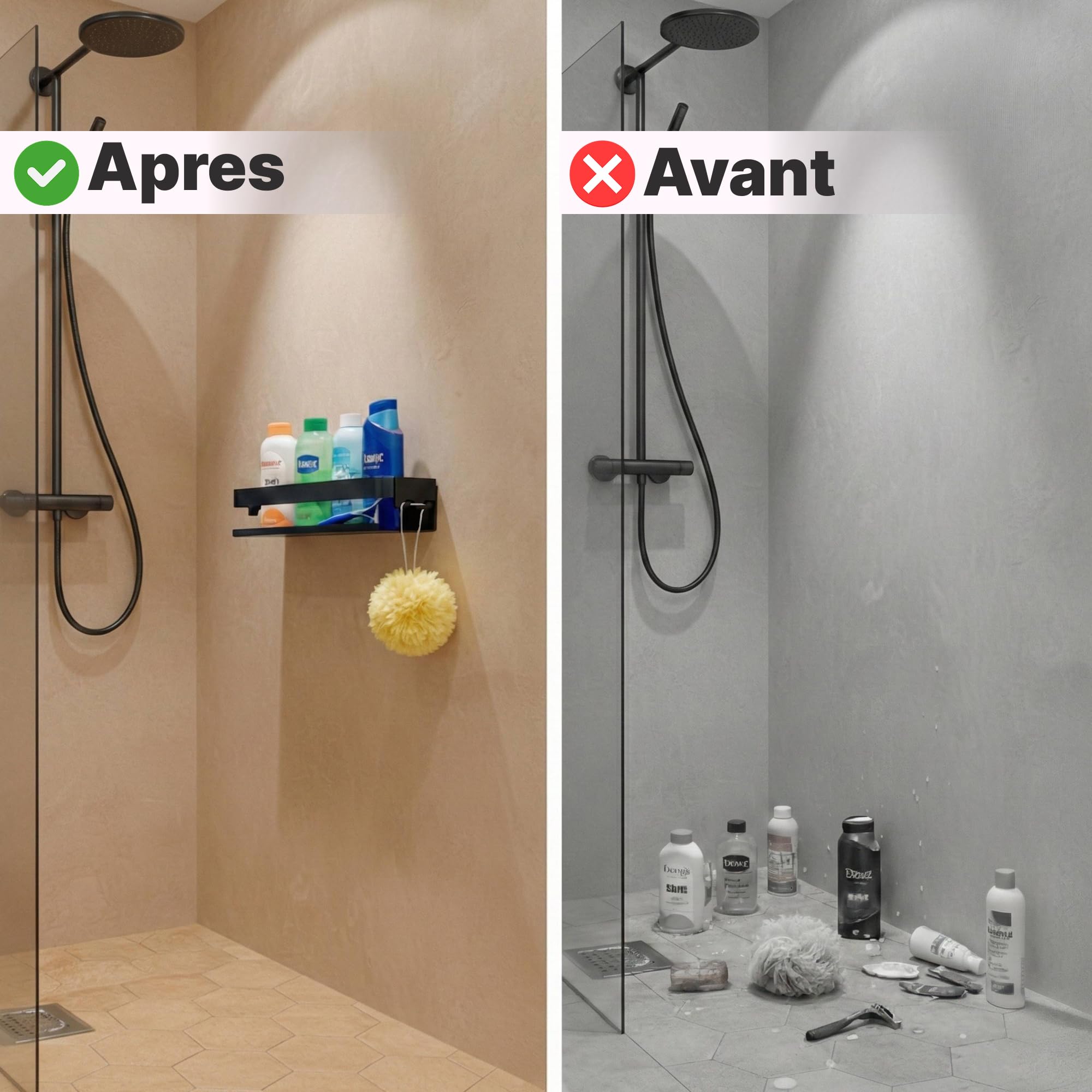 Minismus etagere douche sans percage, avec crochets mobiles et barre de securite, pour accessoires de salle de bain, adhesif ou a visser, etagere salle de bain durable, porte savon douche étagère