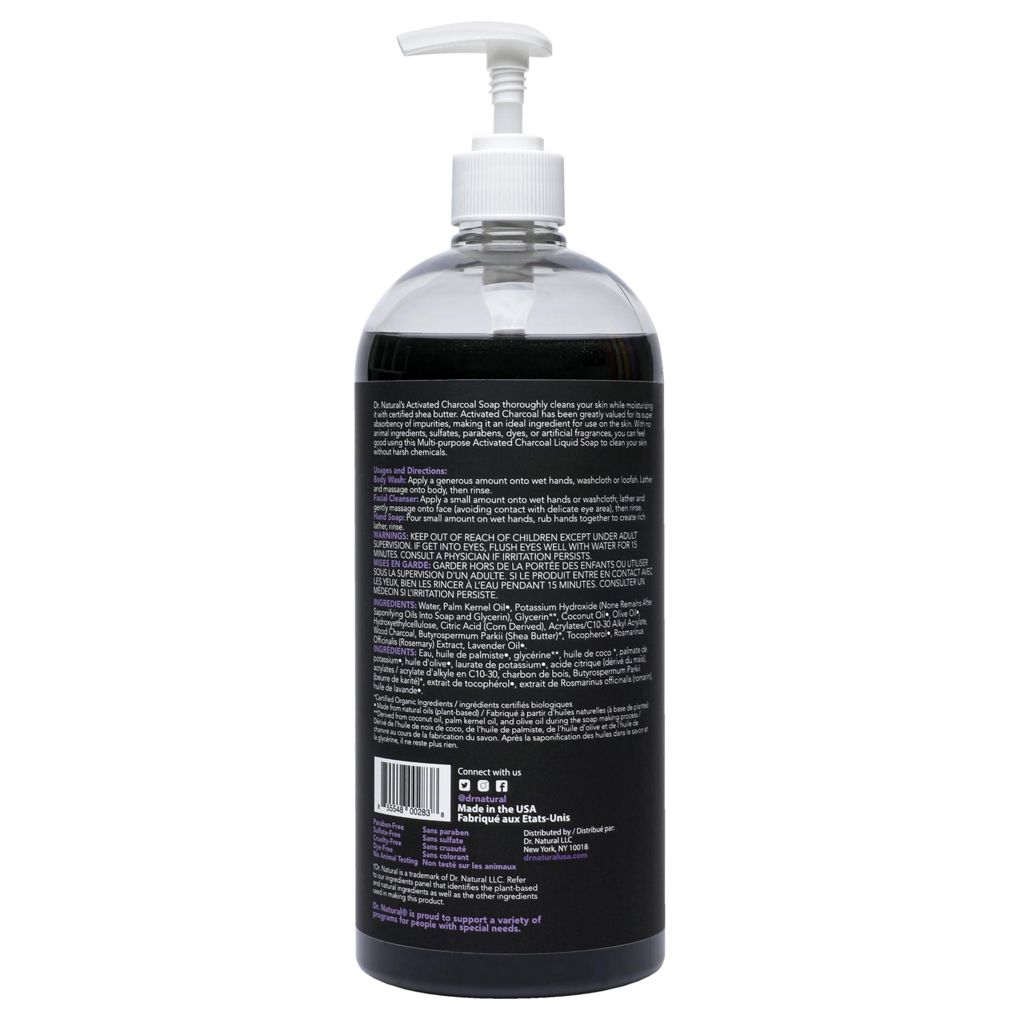 Dr. Natural Jabón líquido de carbón activado, antiacné y manchas, lavado corporal de limpieza profunda, jabón corporal suave para piel clara, lavanda, 946 ml