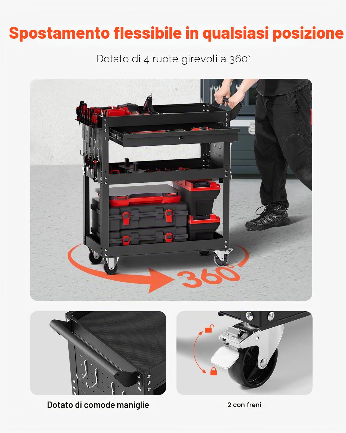 VEVOR Carrello Portautensili a 4 Ripiani con Ruote, Carico 160 kg Carrello da Lavoro con Cassetto e Pannello Forato, Organizzatore per Utensili Meccanici con Sistema di Bloccaggio per Garage, Nero
