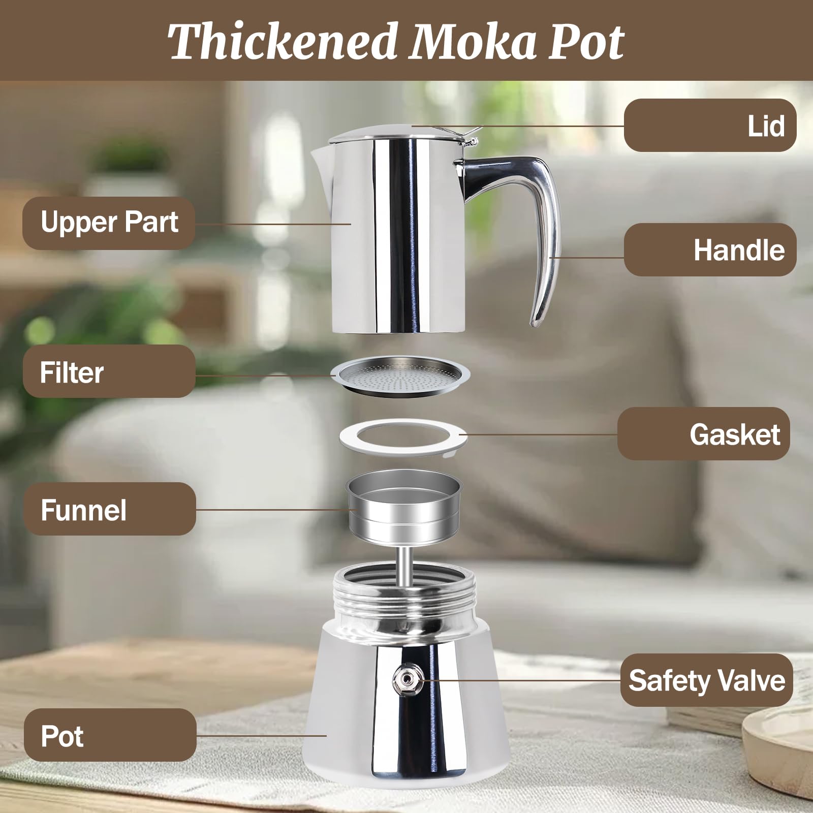 Verdickte Mokkakanne für 12 Tassen, 304 Edelstahl, 600 ml, italienische Espresso-Kaffeemaschine, Herd, Kaffeemaschine, Mokkakanne, Perkolator für Induktionsherd, klassische Café-Maschinen